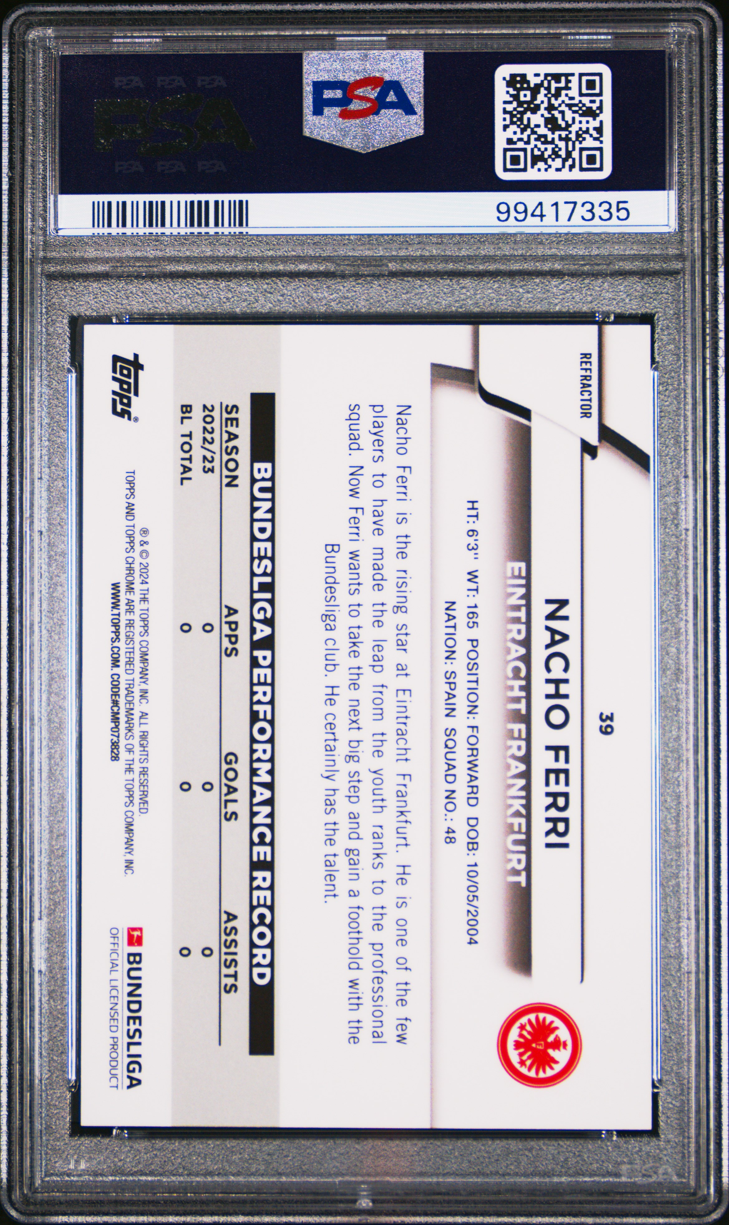 2023-24 Topps Chrome Bundesliga Nacho Ferri #39 (X-Fractor) Gem Mt 10 back