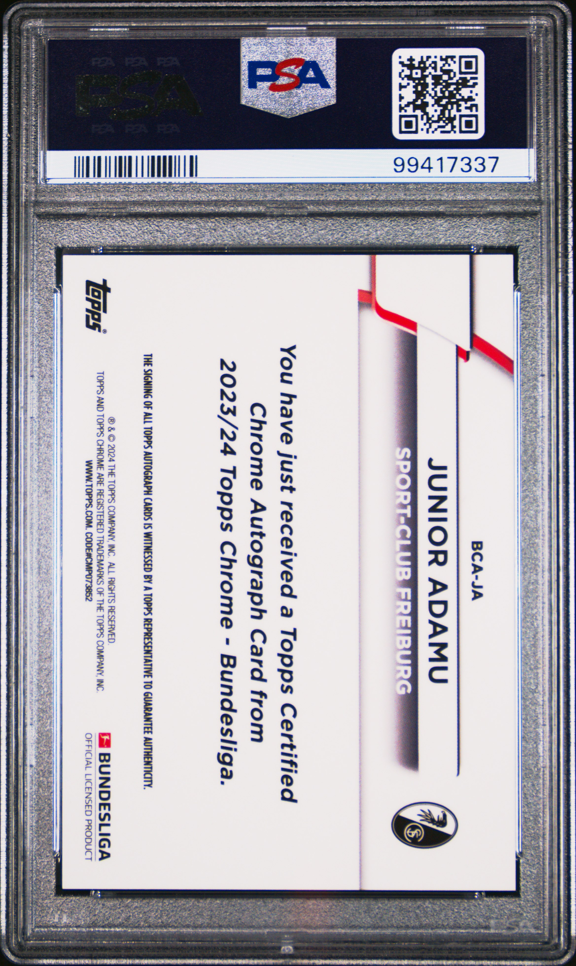 2023-24 Topps Chrome Bundesliga Autographs Junior Adamu #Ja (Au-Gold Bundslg 60 Yrs Foil) Mint 9 back