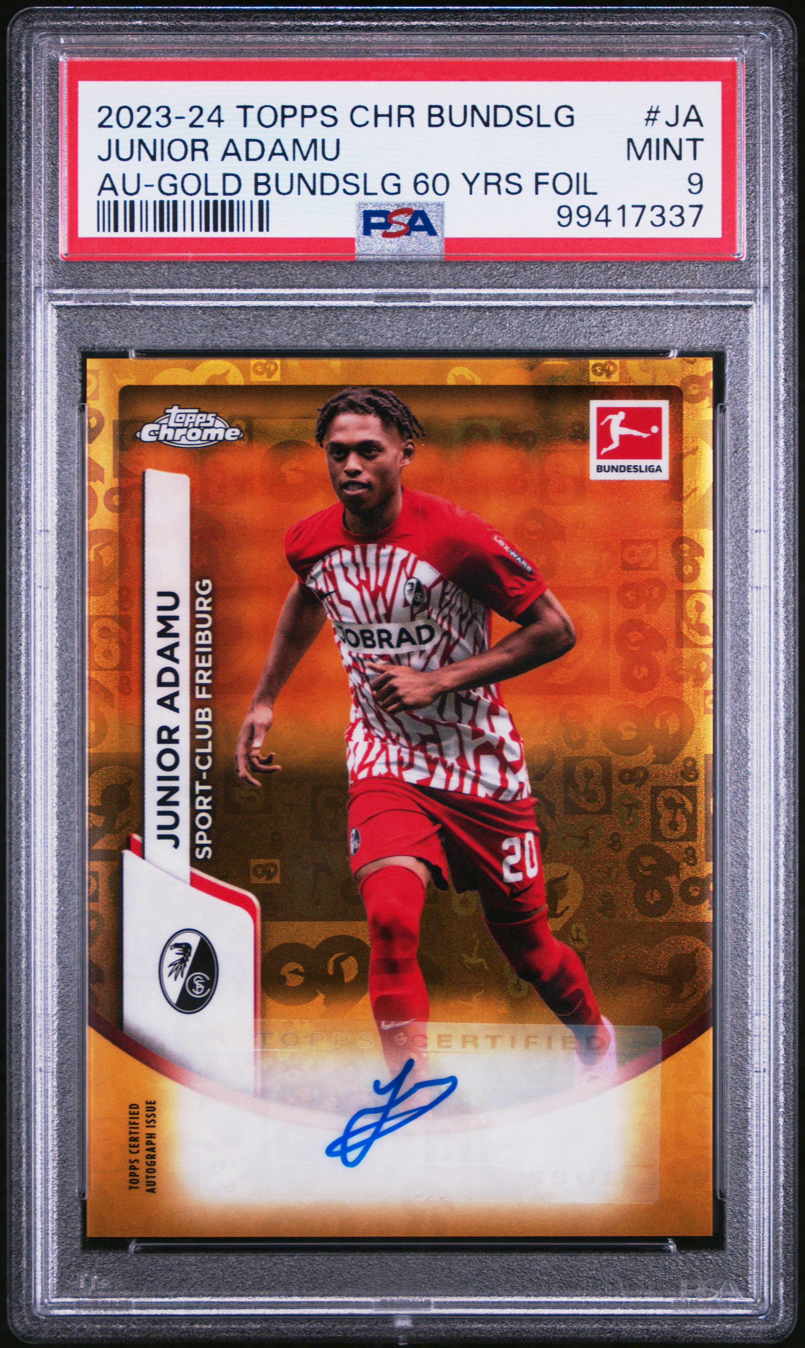 2023-24 Topps Chrome Bundesliga Autographs Junior Adamu #Ja (Au-Gold Bundslg 60 Yrs Foil) Mint 9 front