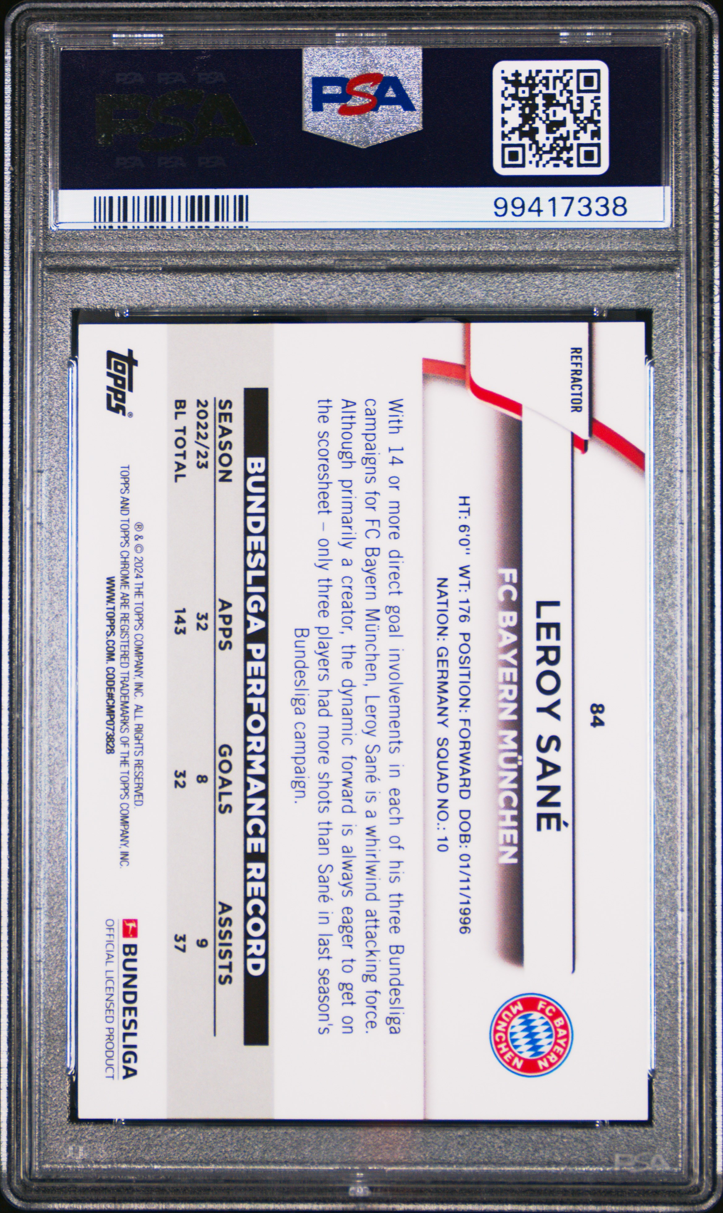 2023-24 Topps Chrome Bundesliga Leroy Sane #84 (Blue Wave) Mint 9 back