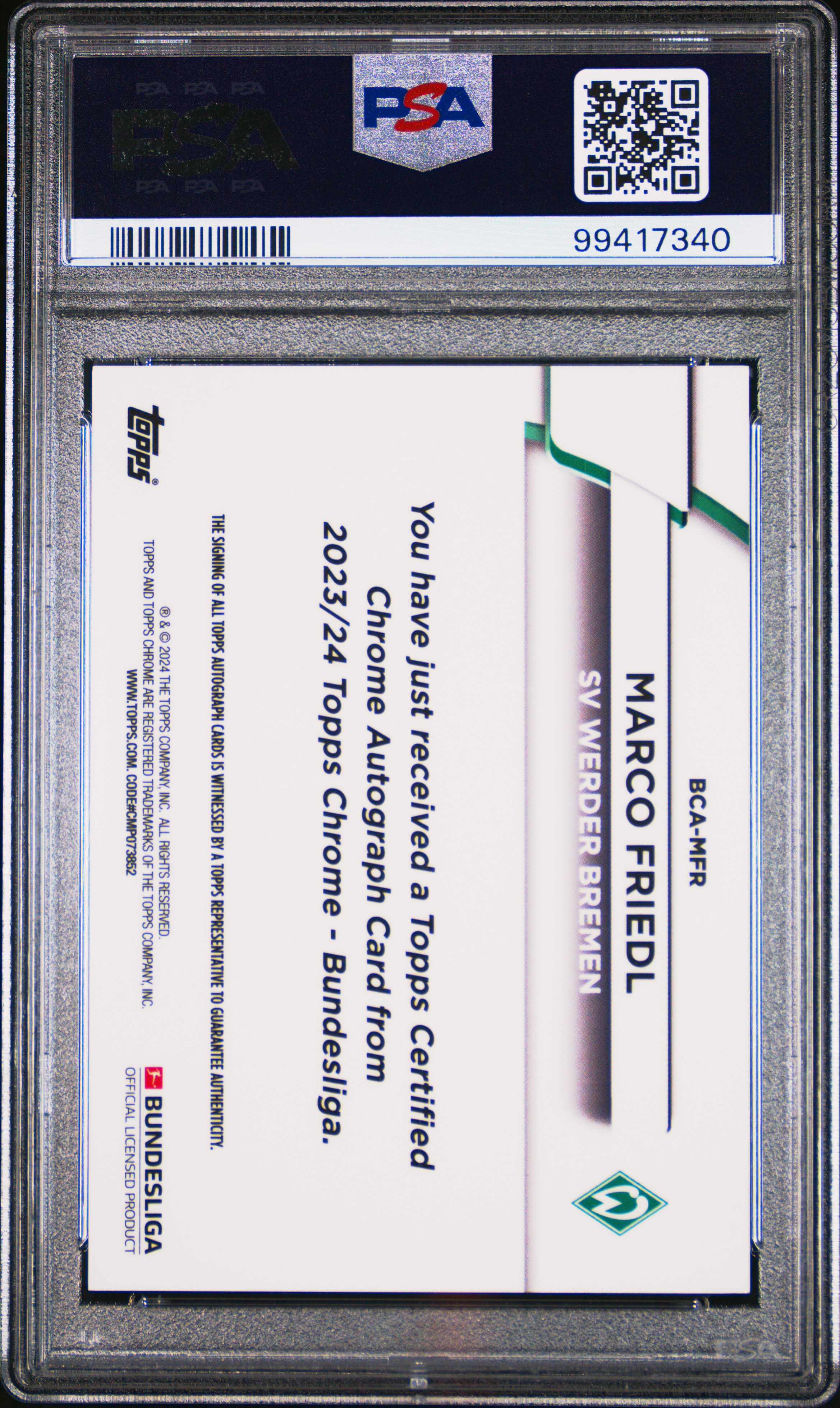 2023-24 Topps Chrome Bundesliga Autographs Marco Friedl #Mfr (Au-Gold Bundslg 60 Yrs Foil) Gem Mt 10 back