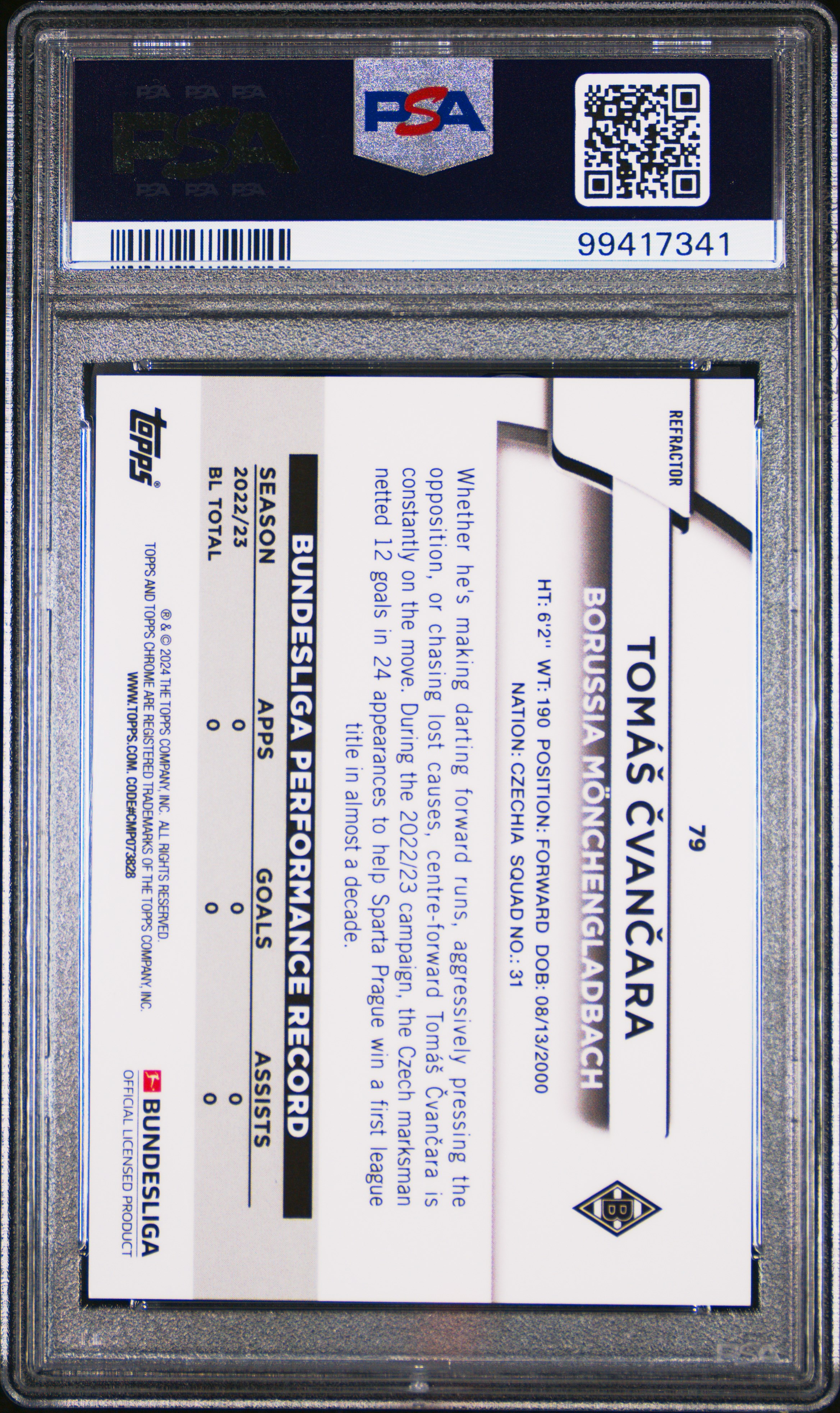 2023-24 Topps Chrome Bundesliga Tomas Cvancara #79 (Magenta Refractor) Gem Mt 10 back