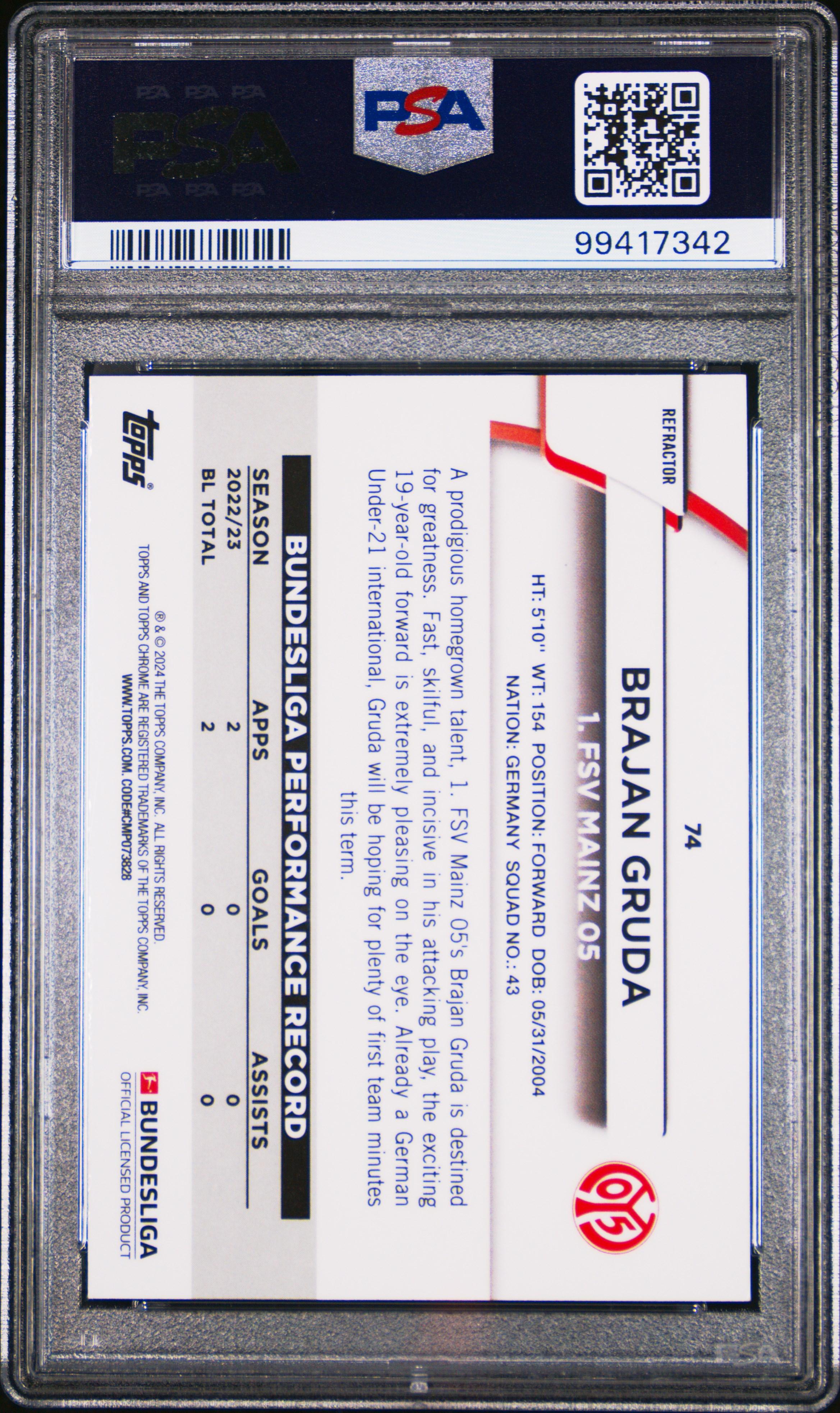 2023-24 Topps Chrome Bundesliga Brajan Gruda #74 (Gold Bundslga 60 Year Foil) Gem Mt 10 back