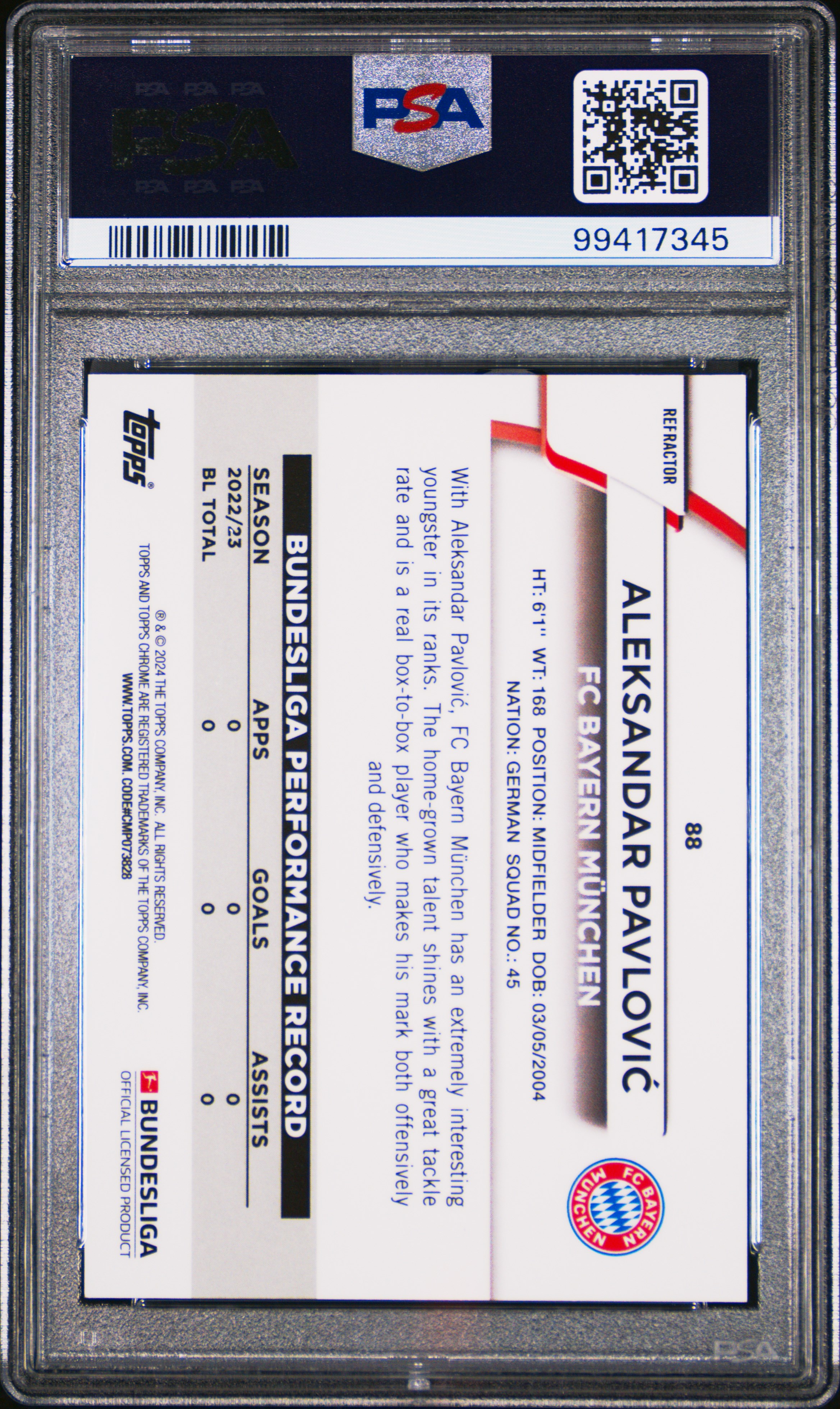 2023-24 Topps Chrome Bundesliga Aleksandar Pavlovic #88 (Pink Refractor) Mint 9 back