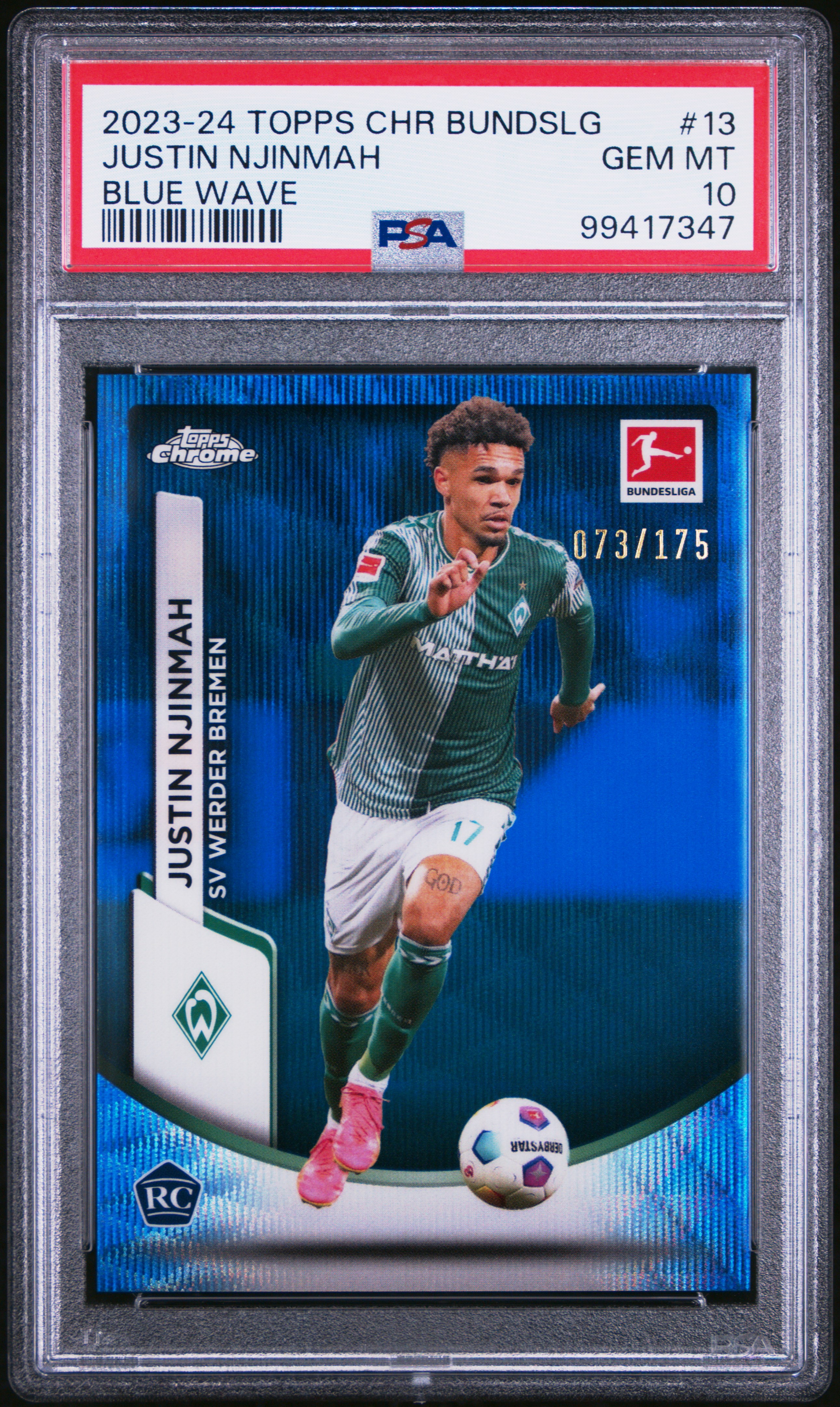 2023-24 Topps Chrome Bundesliga Justin Njinmah #13 (Blue Wave) Gem Mt 10 front