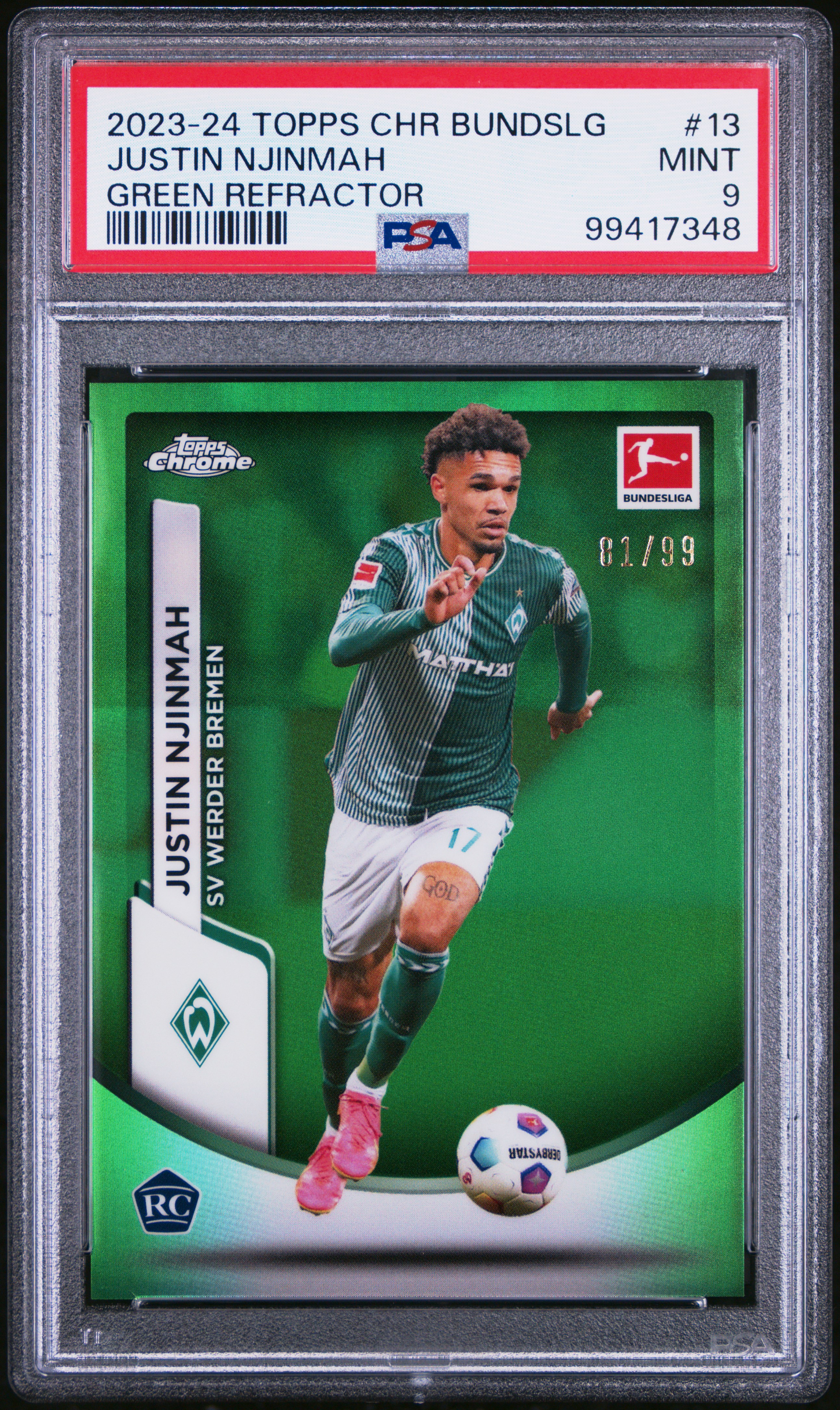 2023-24 Topps Chrome Bundesliga Justin Njinmah #13 (Green Refractor) Mint 9 front