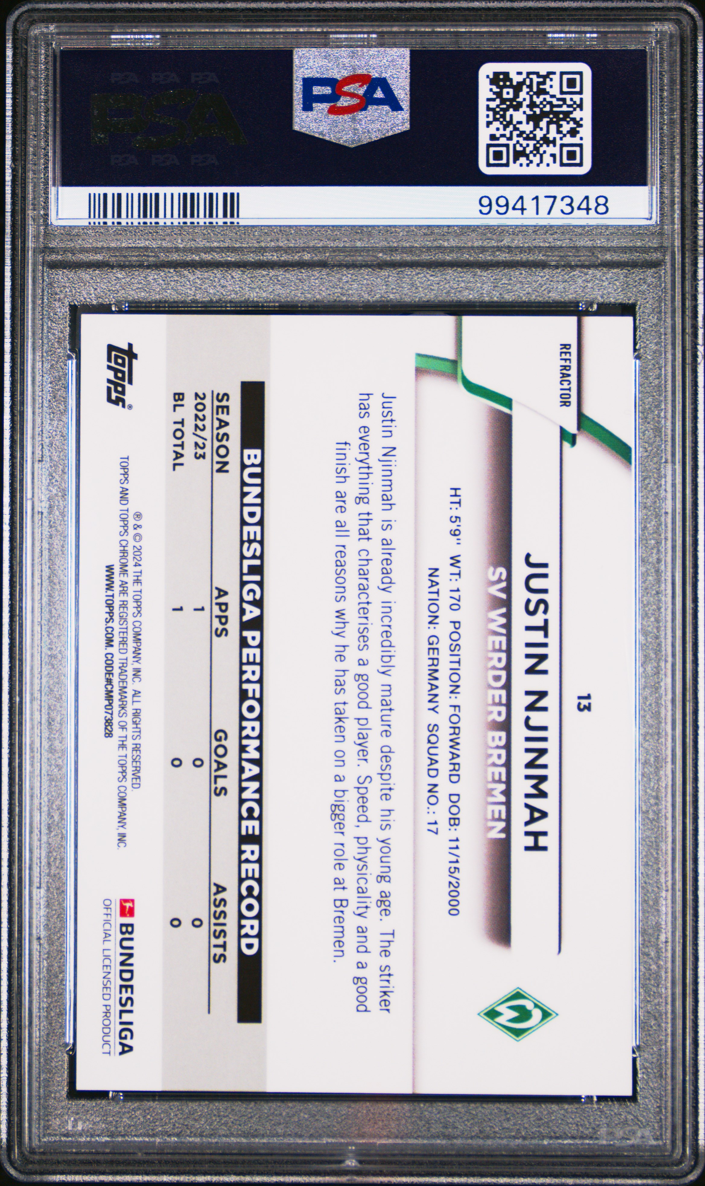 2023-24 Topps Chrome Bundesliga Justin Njinmah #13 (Green Refractor) Mint 9 back