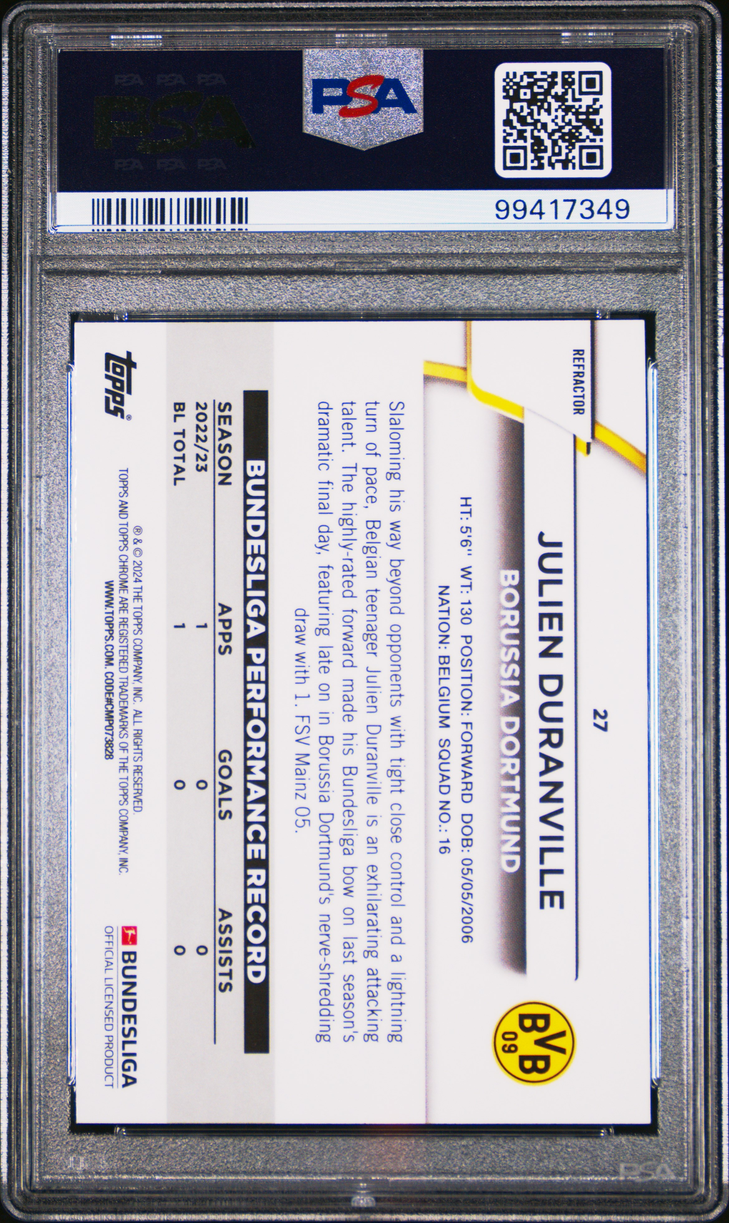 2023-24 Topps Chrome Bundesliga Julien Duranville #27 (Gold Bundslga 60 Year Foil) Gem Mt 10 back