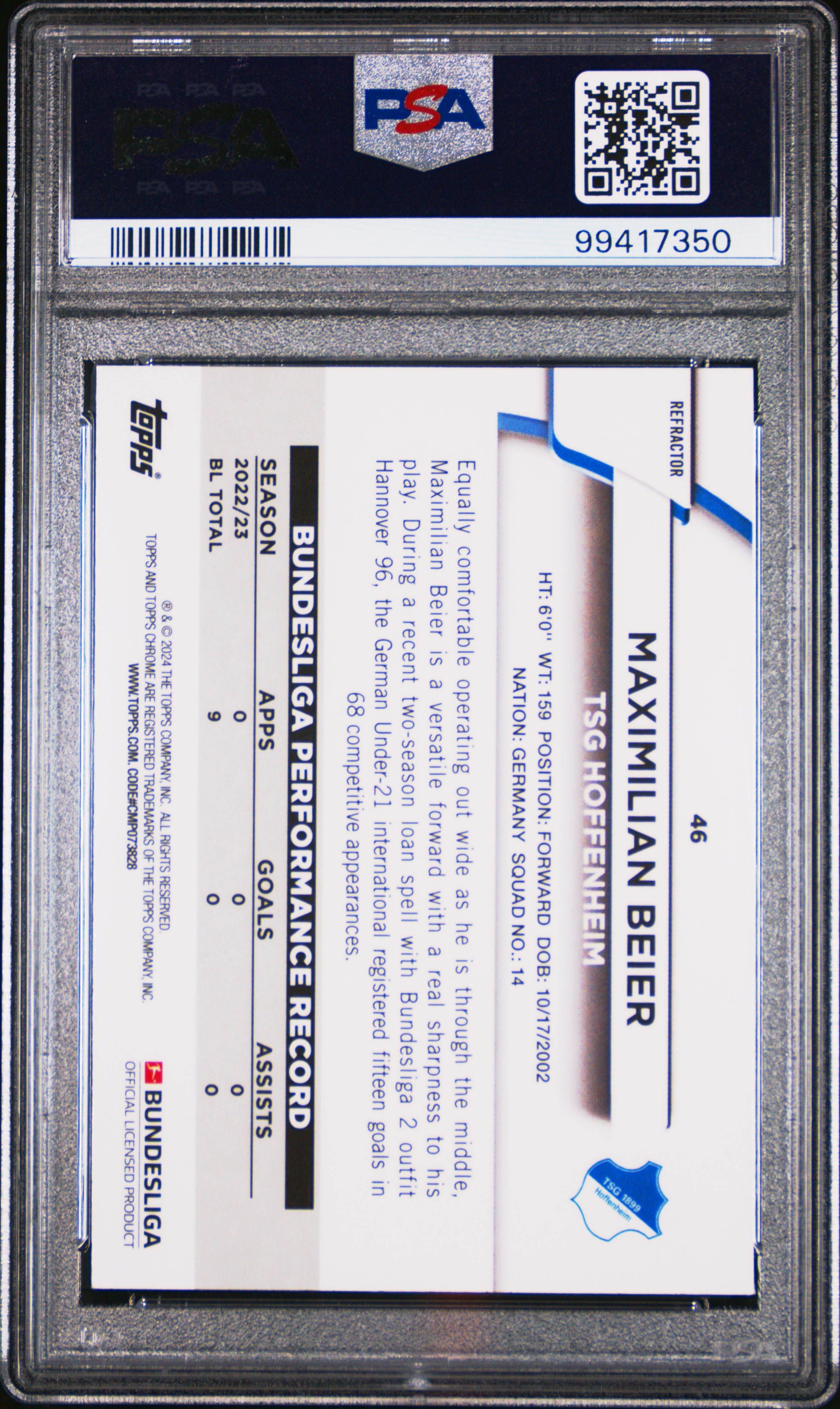 2023-24 Topps Chrome Bundesliga Maximilian Beier #46 (Gold Bundslga 60 Year Foil) Gem Mt 10 back