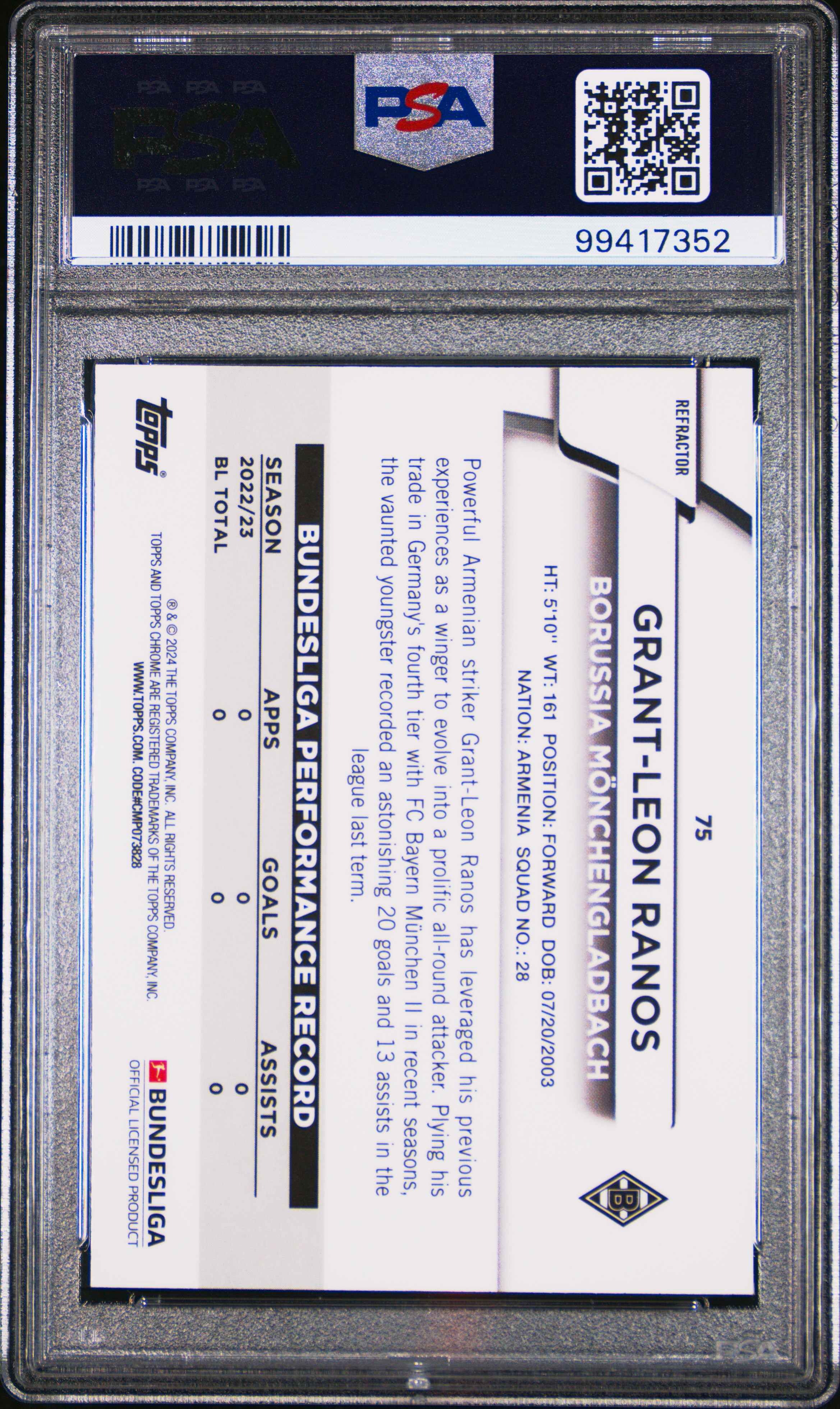 2023-24 Topps Chrome Bundesliga Grant-Leon Ranos #75 (Gold Bundslga 60 Year Foil) Gem Mt 10 back