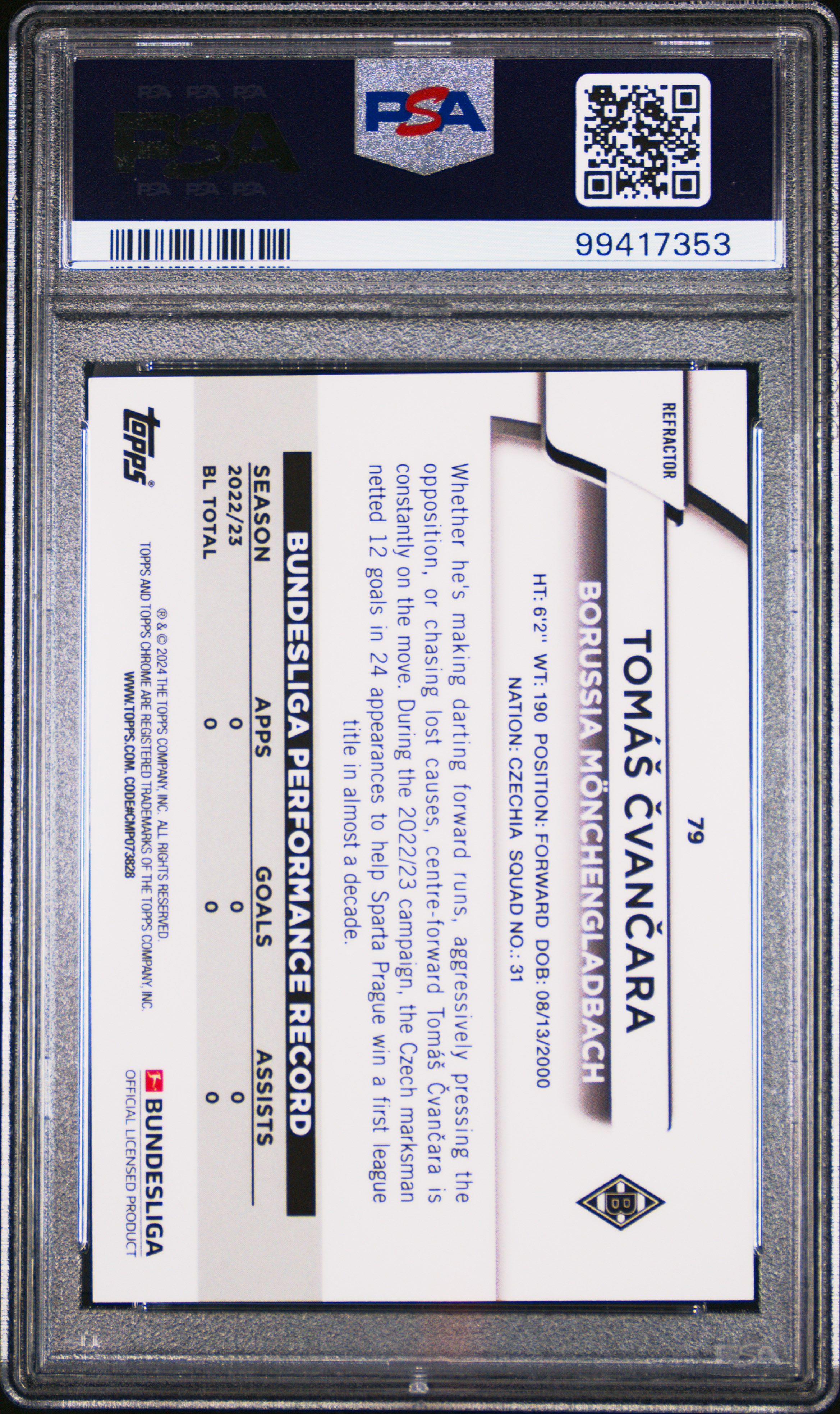 2023-24 Topps Chrome Bundesliga Tomas Cvancara #79 (X-Fractor) Mint 9 back