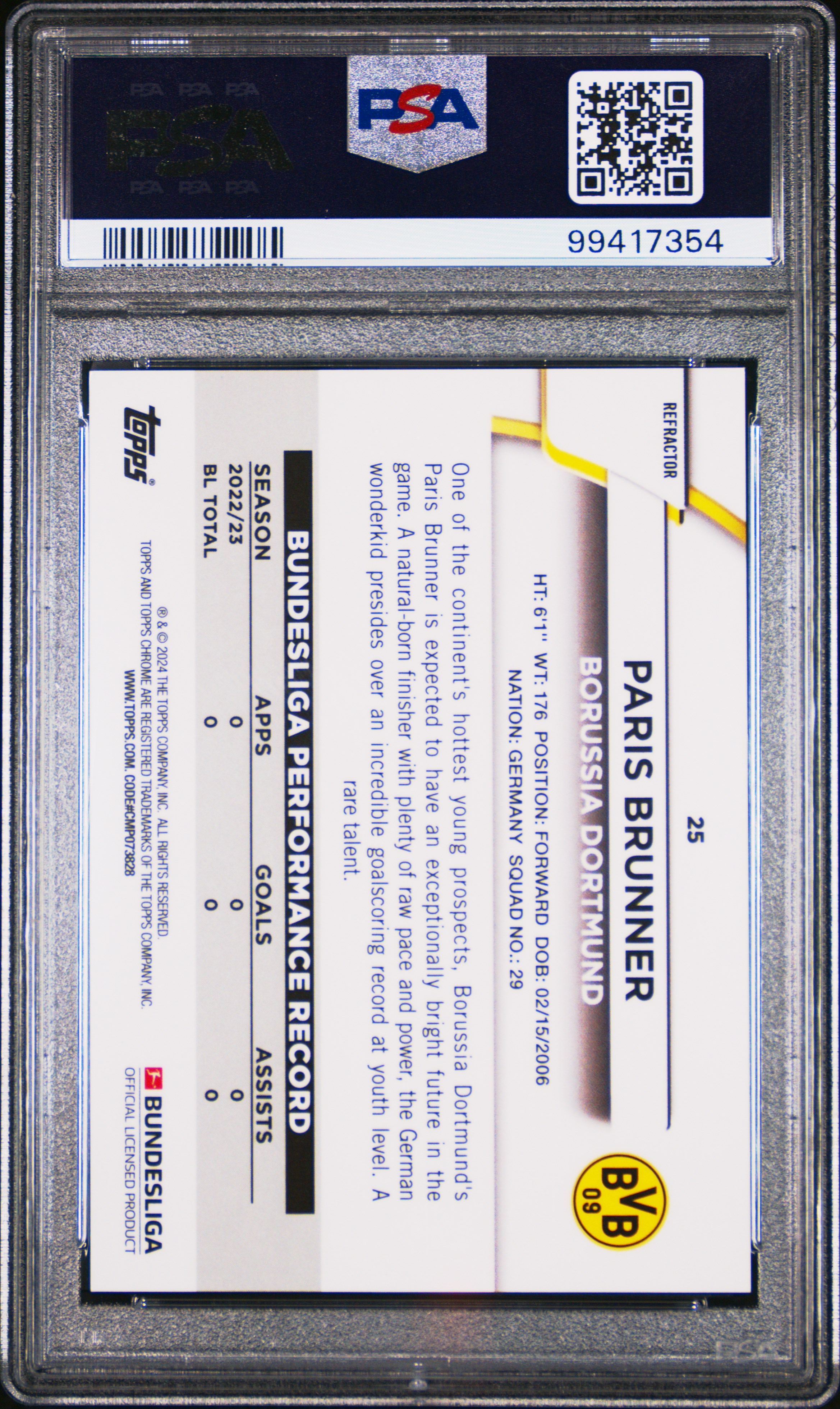 2023-24 Topps Chrome Bundesliga Paris Brunner #25 (Aqua Bubble) Mint 9 back