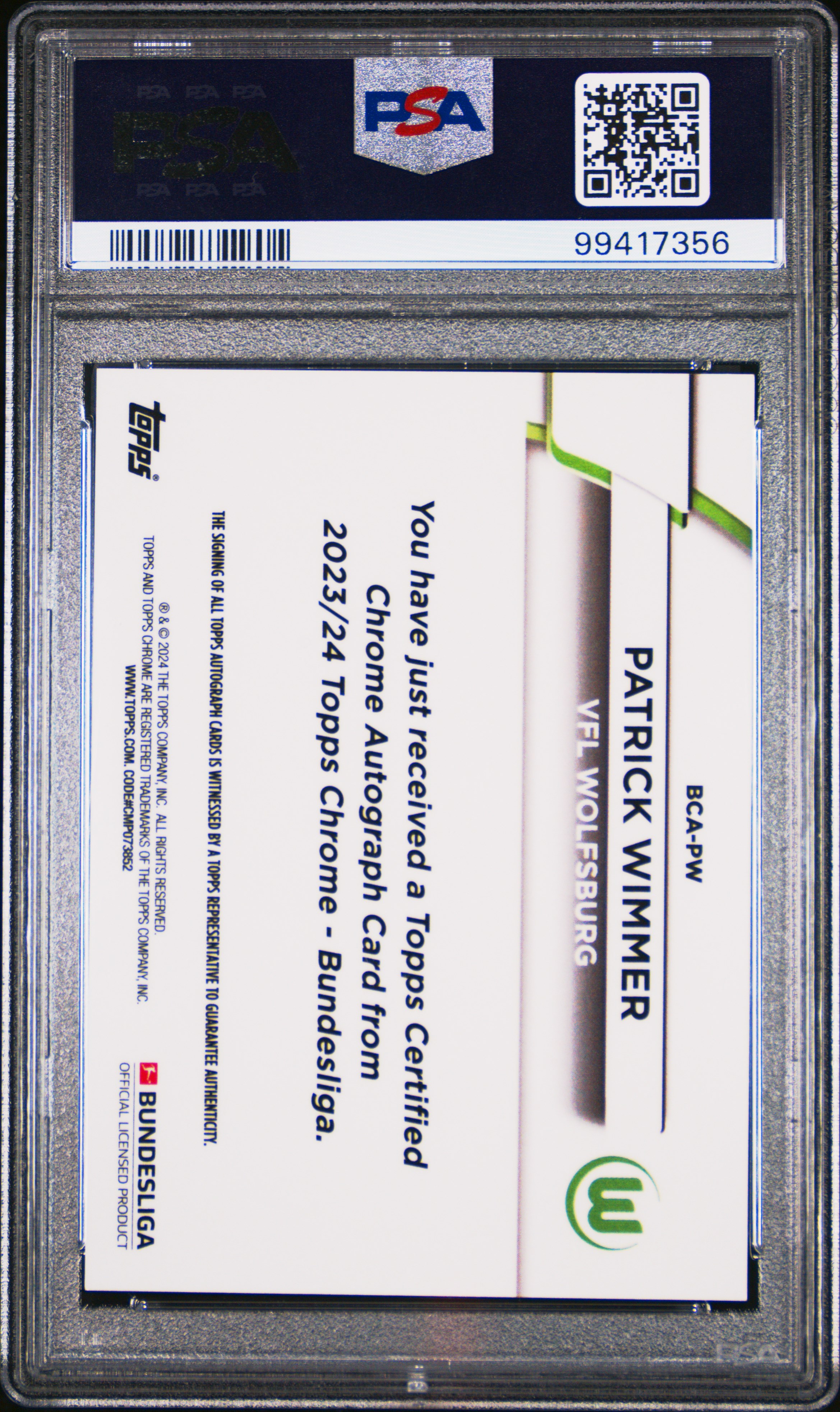 2023-24 Topps Chrome Bundesliga Autographs Patrick Wimmer #Pw Gem Mt 10 back