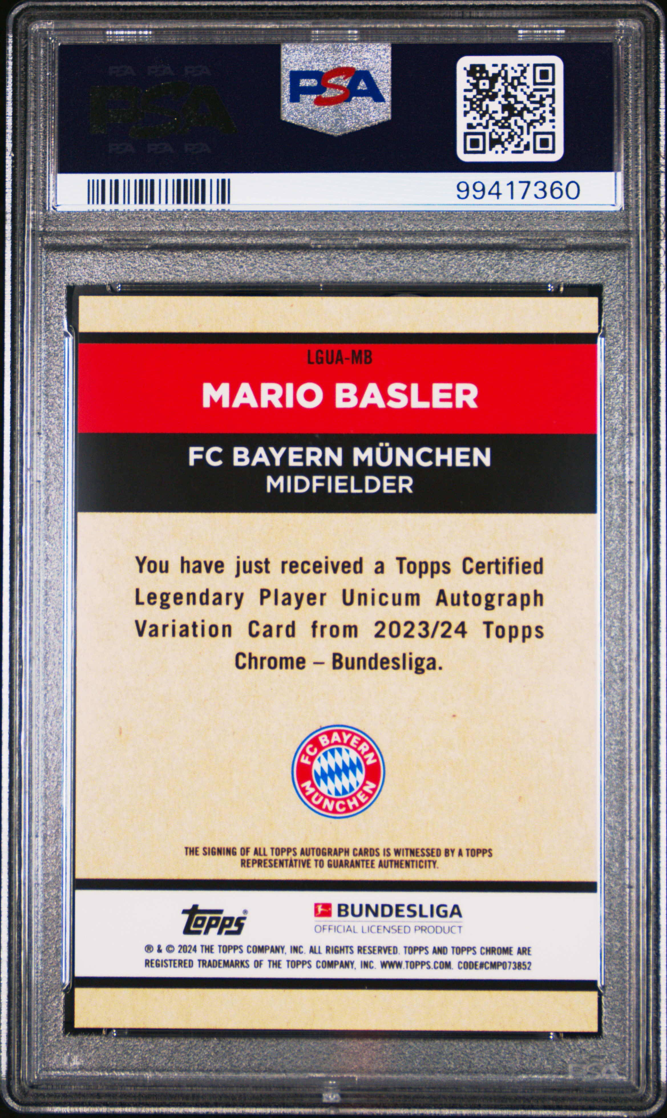 2023-24 Topps Chrome Bundesliga Legendary Player Unicum Autographs Mario Basler #Mb (Lp Unicum Autograph) Gem Mt 10 back