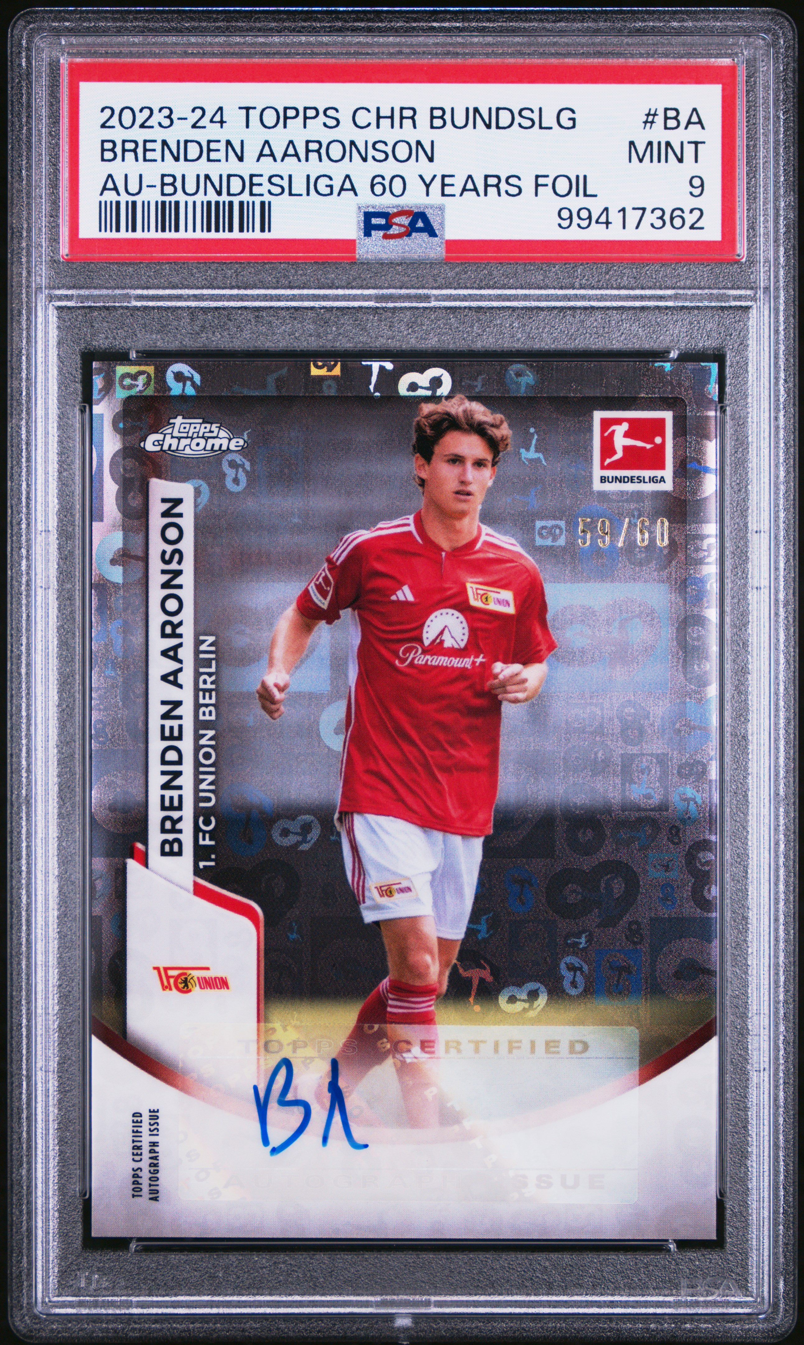 2023-24 Topps Chrome Bundesliga Autographs Brenden Aaronson #Ba (Au-Bundesliga 60 Years Foil) Mint 9 front