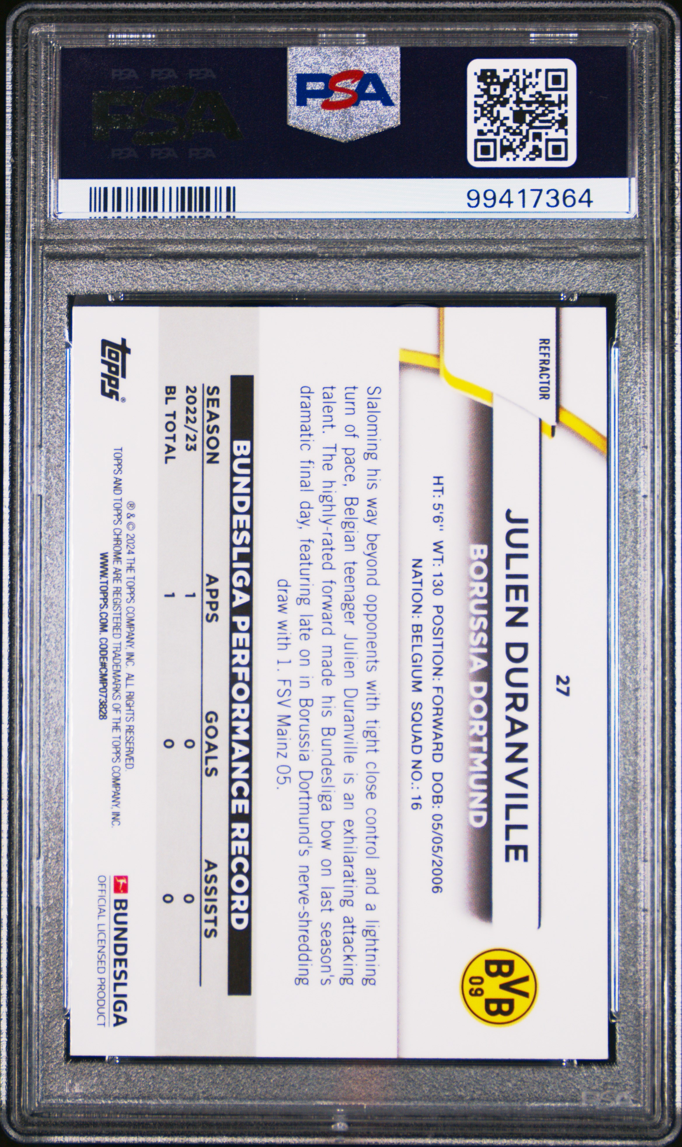 2023-24 Topps Chrome Bundesliga Julien Duranville #27 (Gold Bundslga 60 Year Foil) Gem Mt 10 back