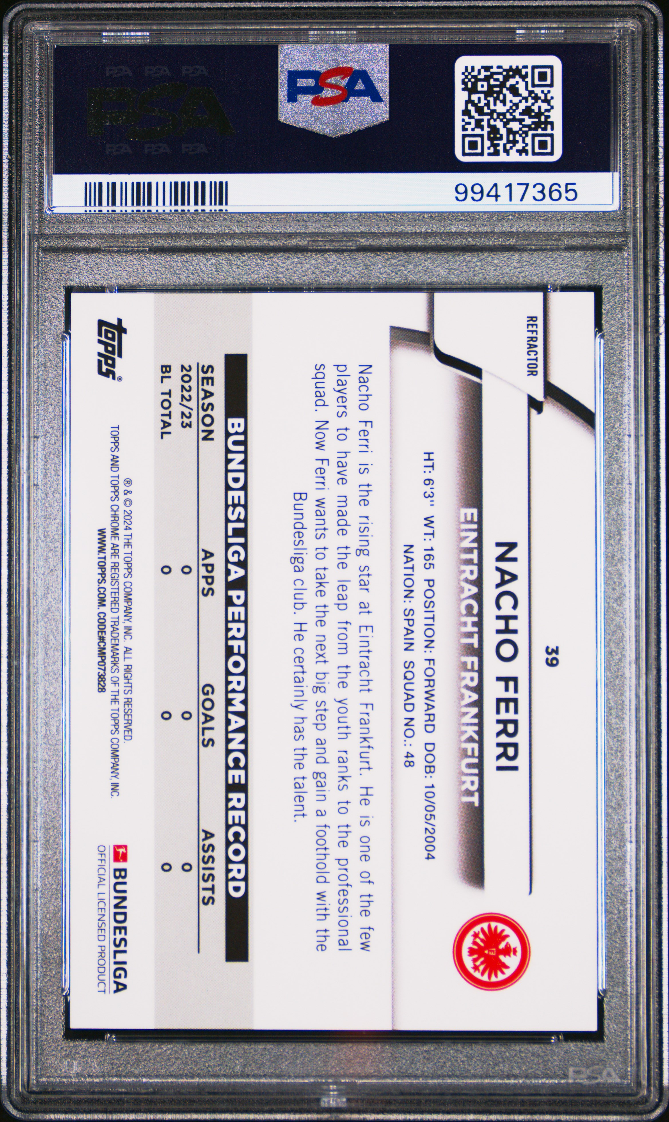 2023-24 Topps Chrome Bundesliga Nacho Ferri #39 (Blue Wave) Gem Mt 10 back