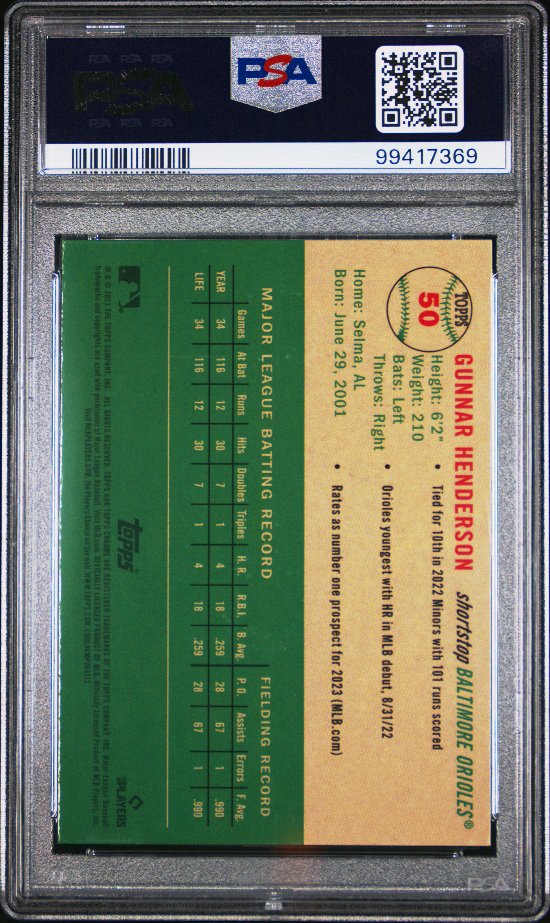 2023 Topps Chrome Platinum Anniversary Gunnar Henderson #50 Gem Mt 10 back