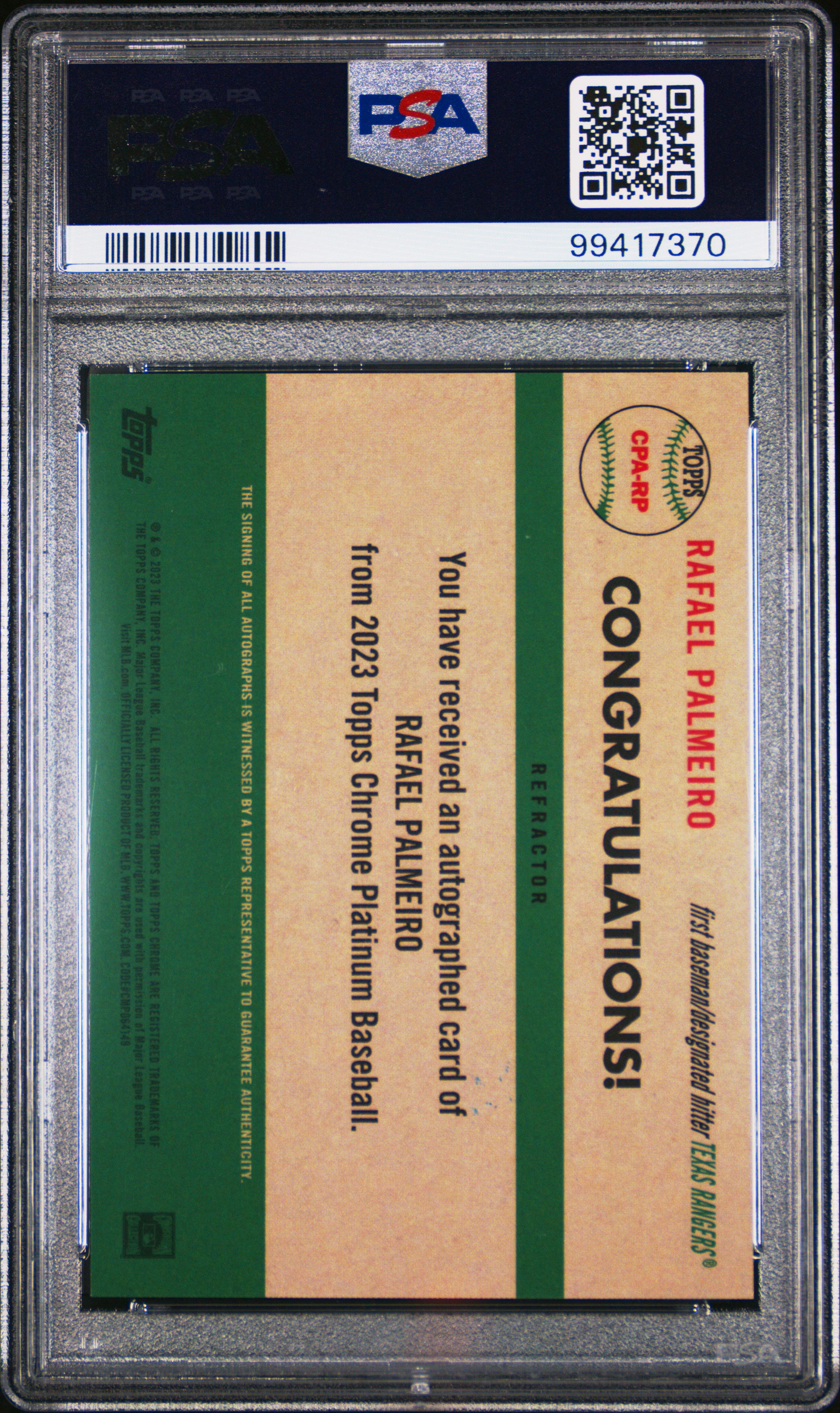 2023 Topps Chrome Platinum Anniversary Autographs Rafael Palmeiro #Rp (Autograph-Refractor) Gem Mt 10 back