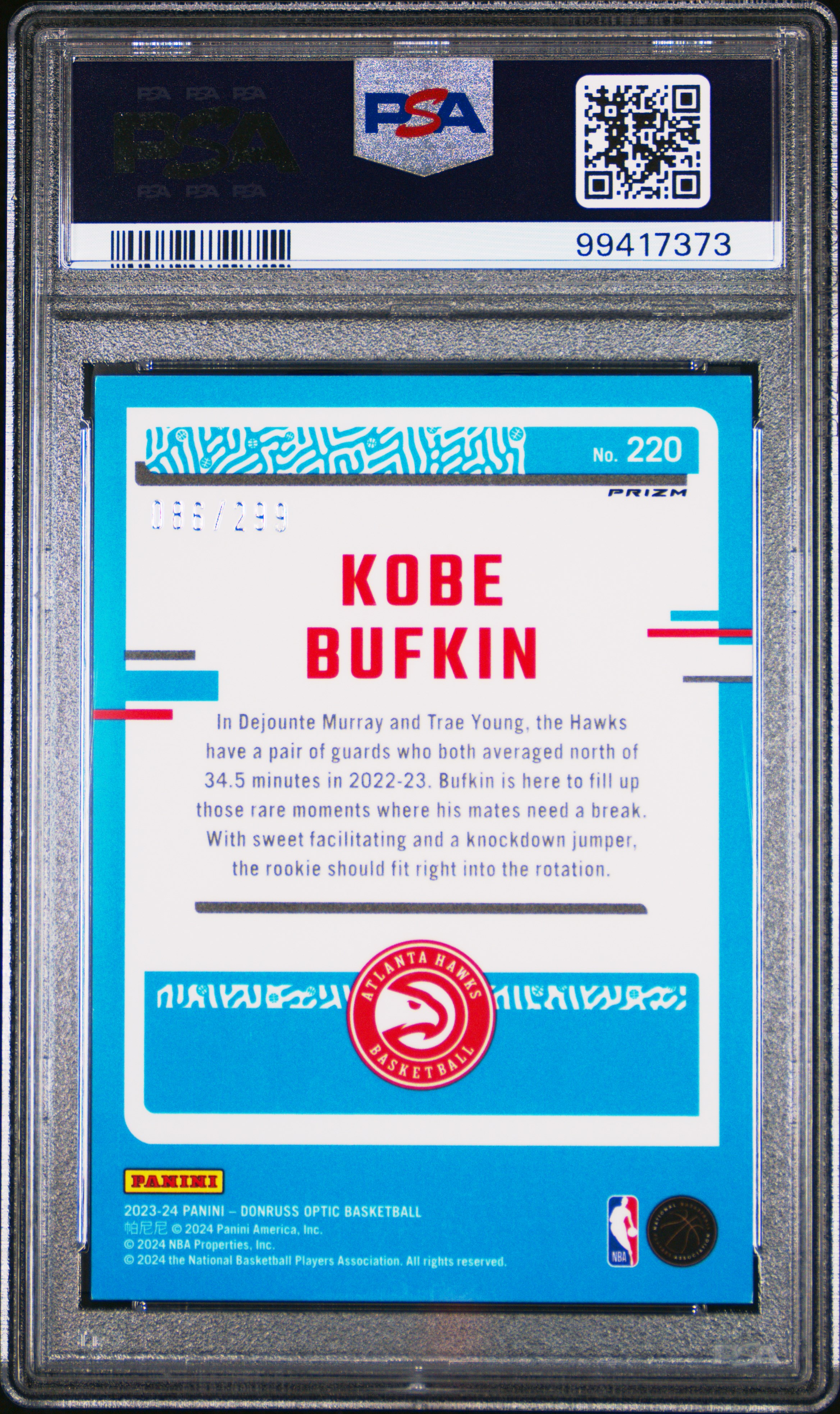 2023 Panini Donruss Optic Kobe Bufkin #220 (Red Velocity) Gem Mt 10 back
