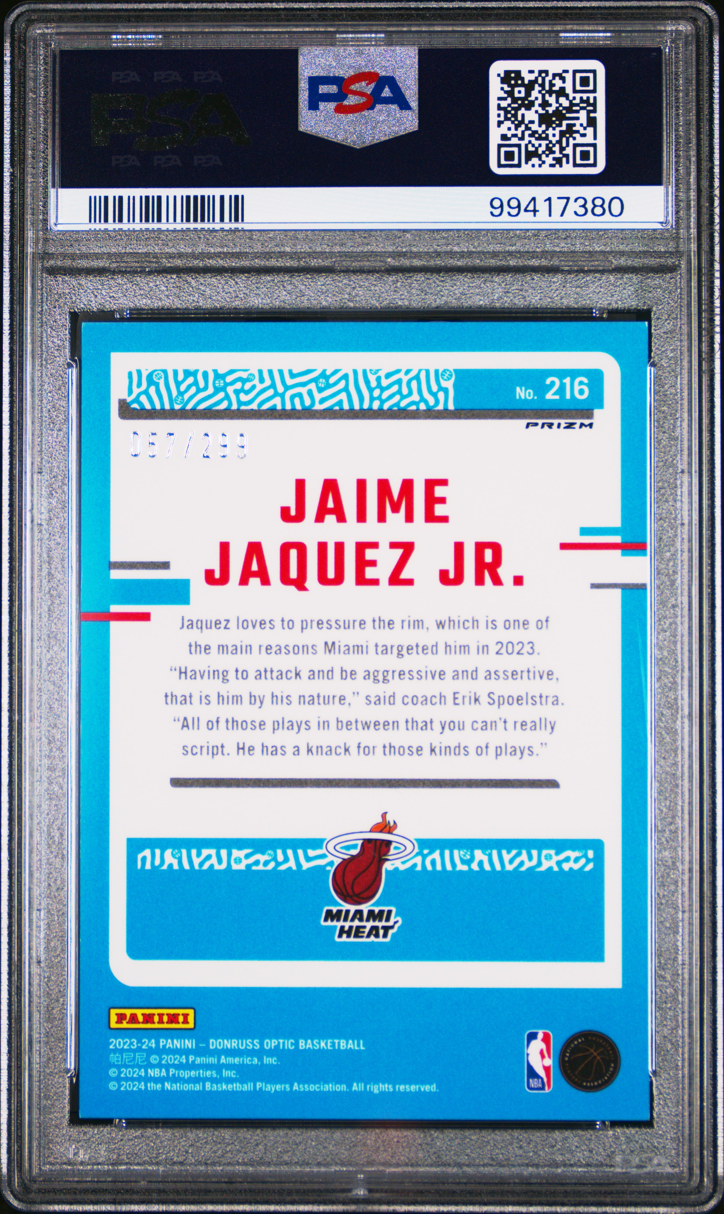 2023 Panini Donruss Optic Jaime Jaquez Jr. #216 (Red Velocity) Gem Mt 10 back