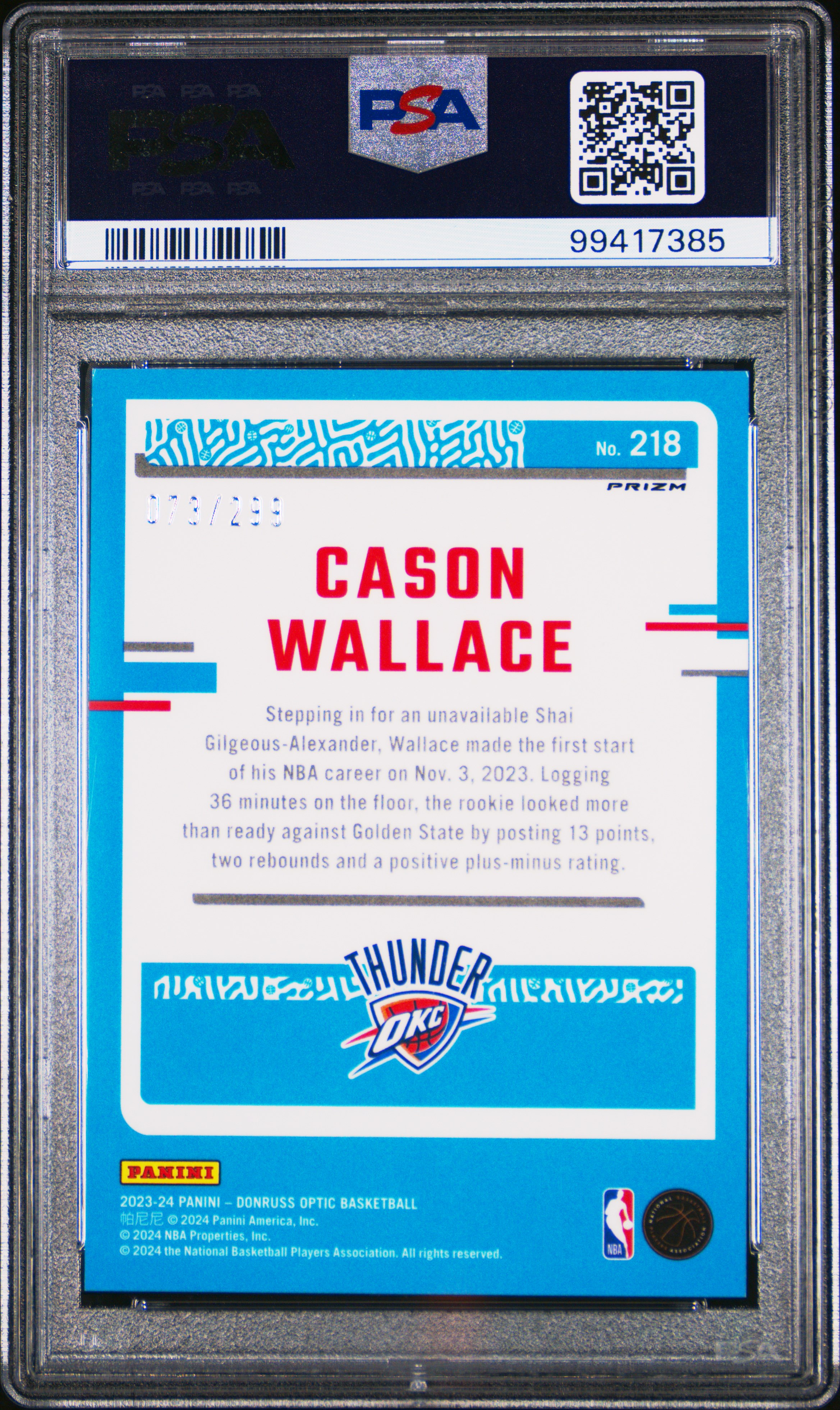 2023 Panini Donruss Optic Cason Wallace #218 (Red Velocity) Gem Mt 10 back