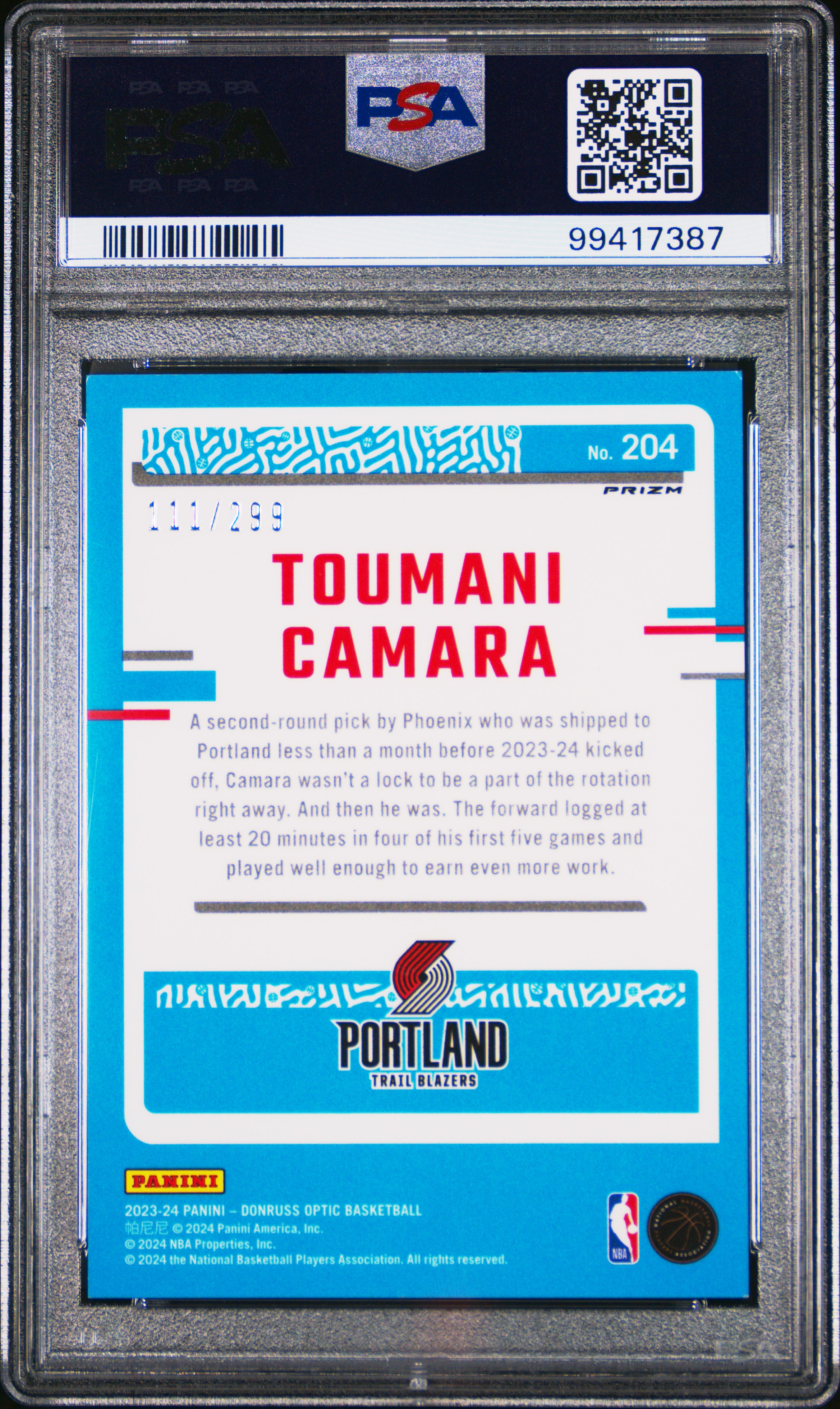 2023 Panini Donruss Optic Toumani Camara #204 (Red Velocity) Mint 9 back
