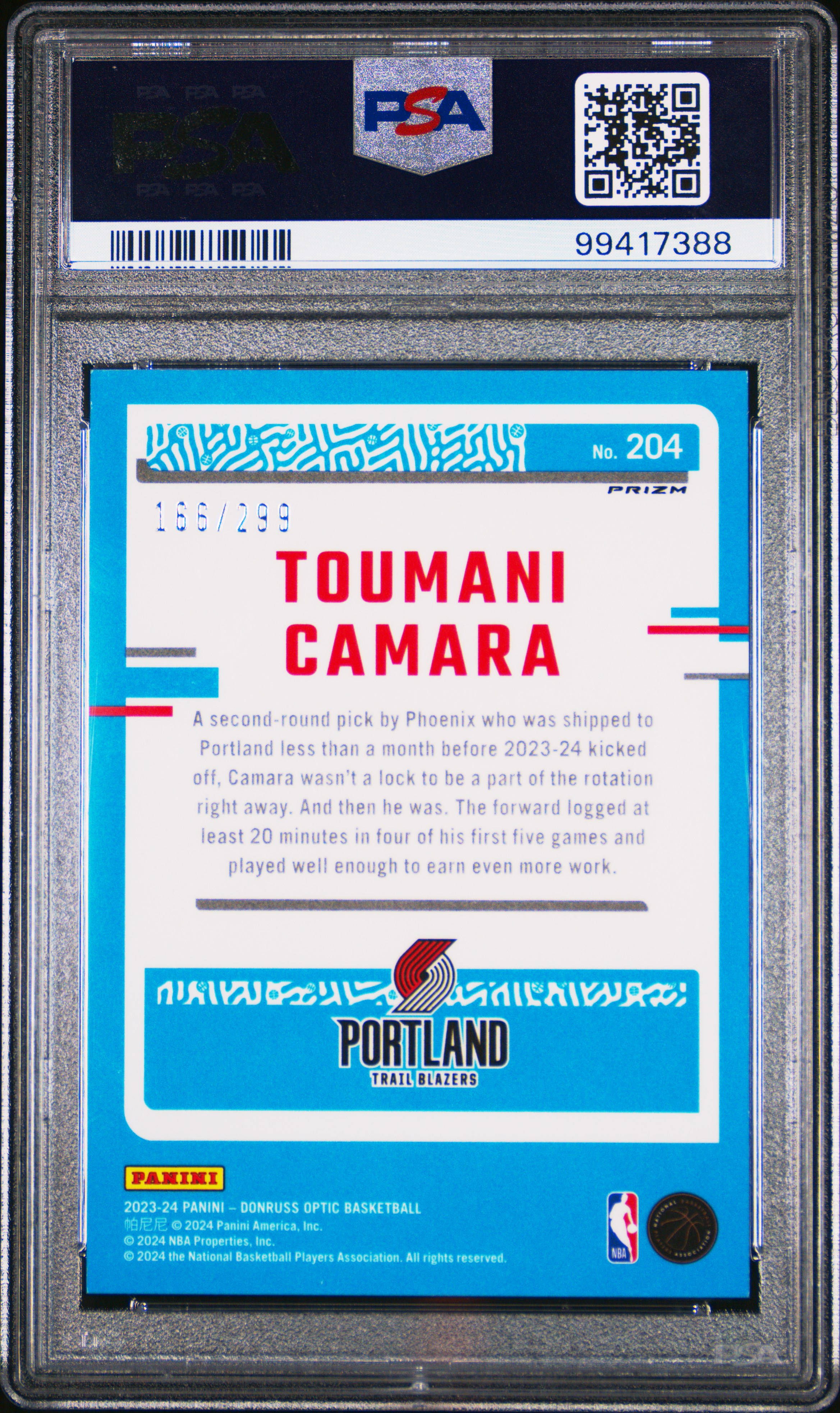 2023 Panini Donruss Optic Toumani Camara #204 (Red Velocity) Gem Mt 10 back