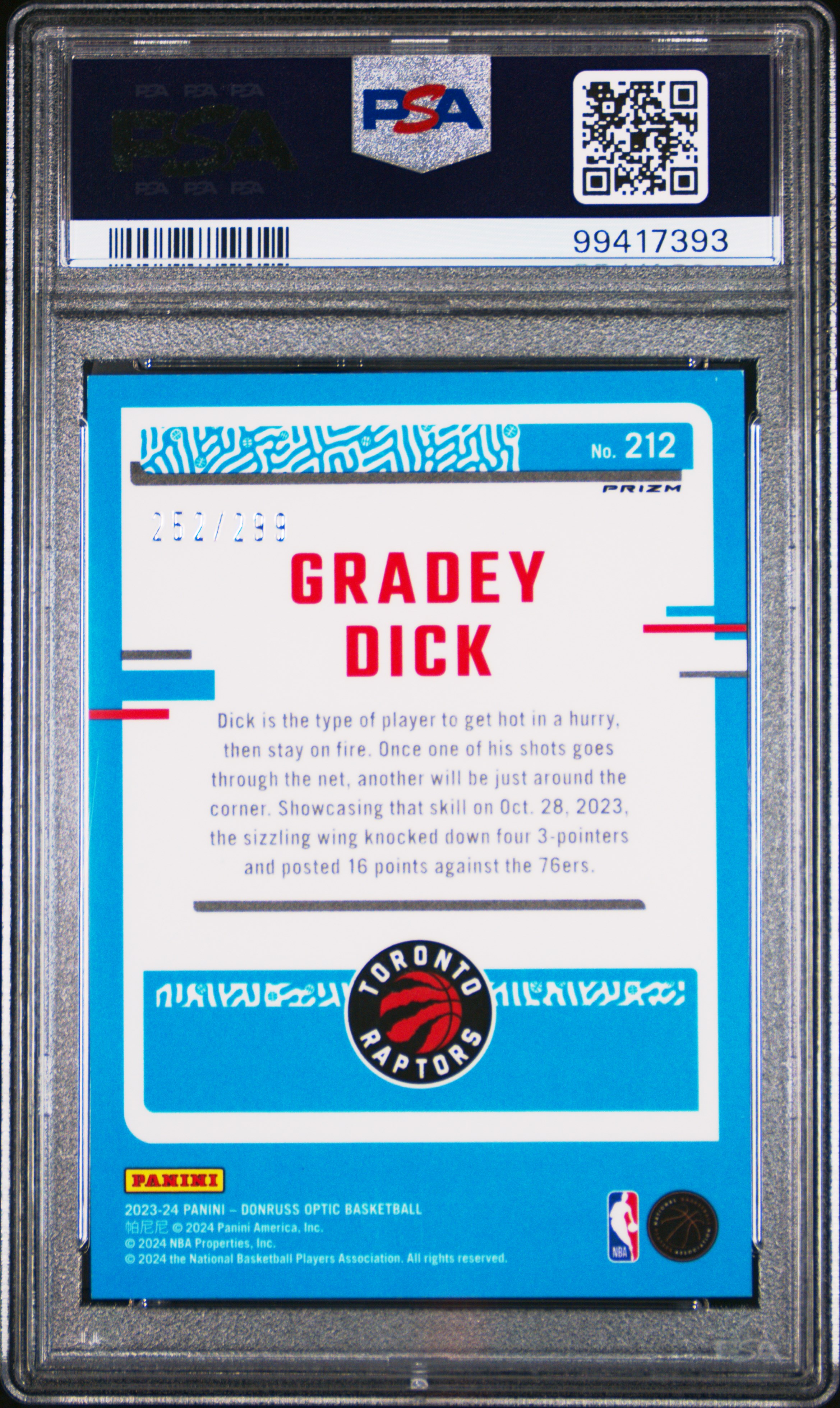 2023 Panini Donruss Optic Gradey Dick #212 (Red Velocity) Gem Mt 10 back