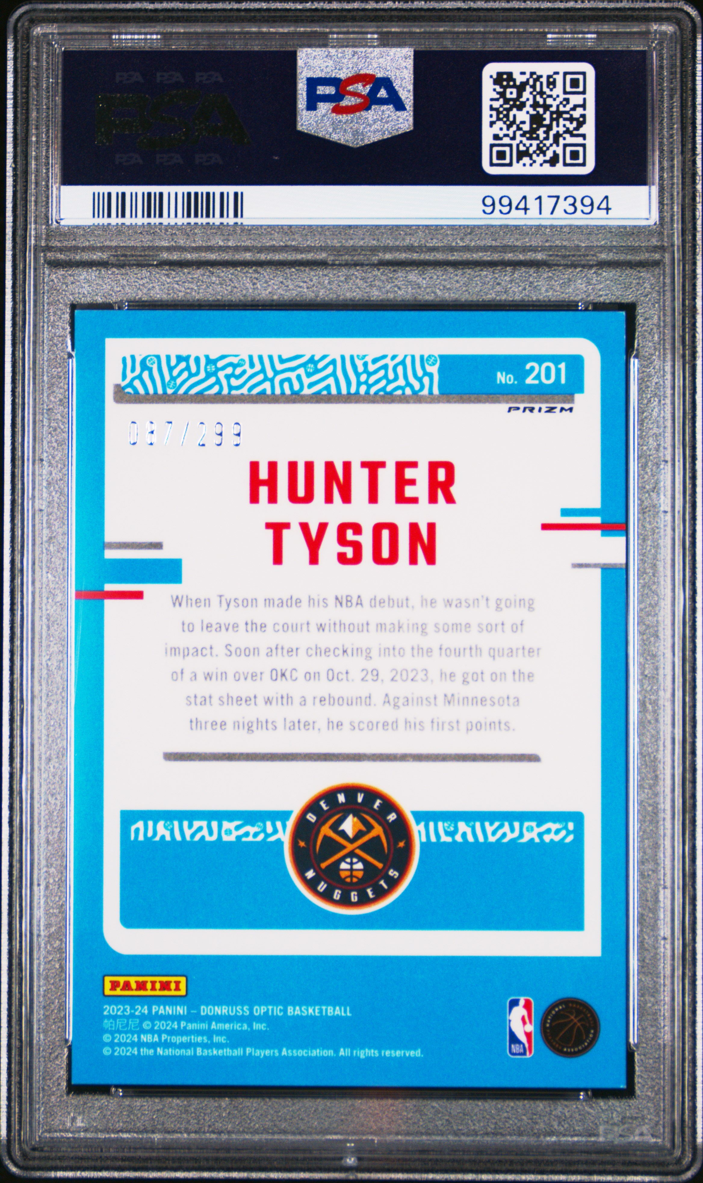 2023 Panini Donruss Optic Hunter Tyson #201 (Red Velocity) Mint 9 back