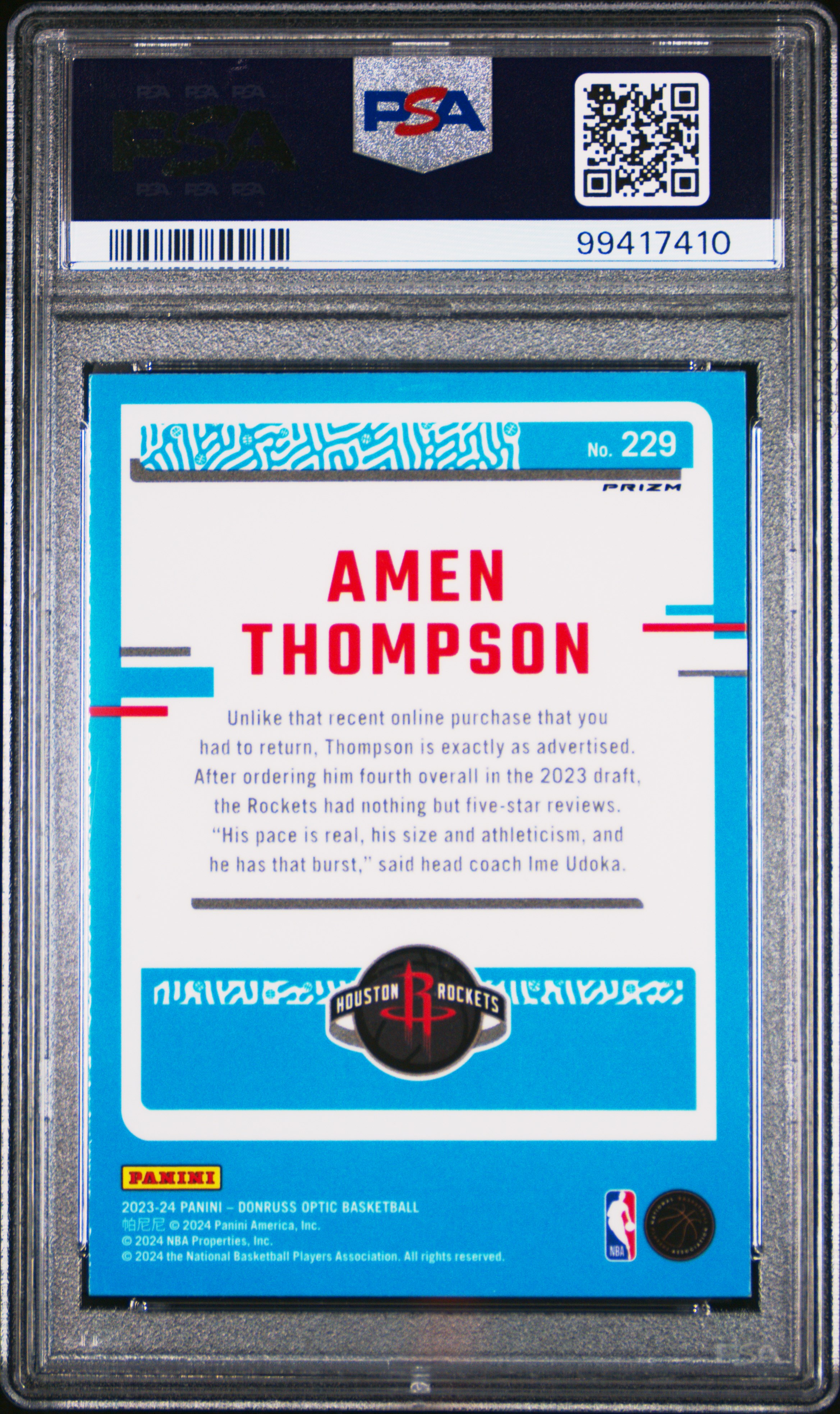 2023 Panini Donruss Optic Amen Thompson #229 (Purple Shock) Mint 9 back
