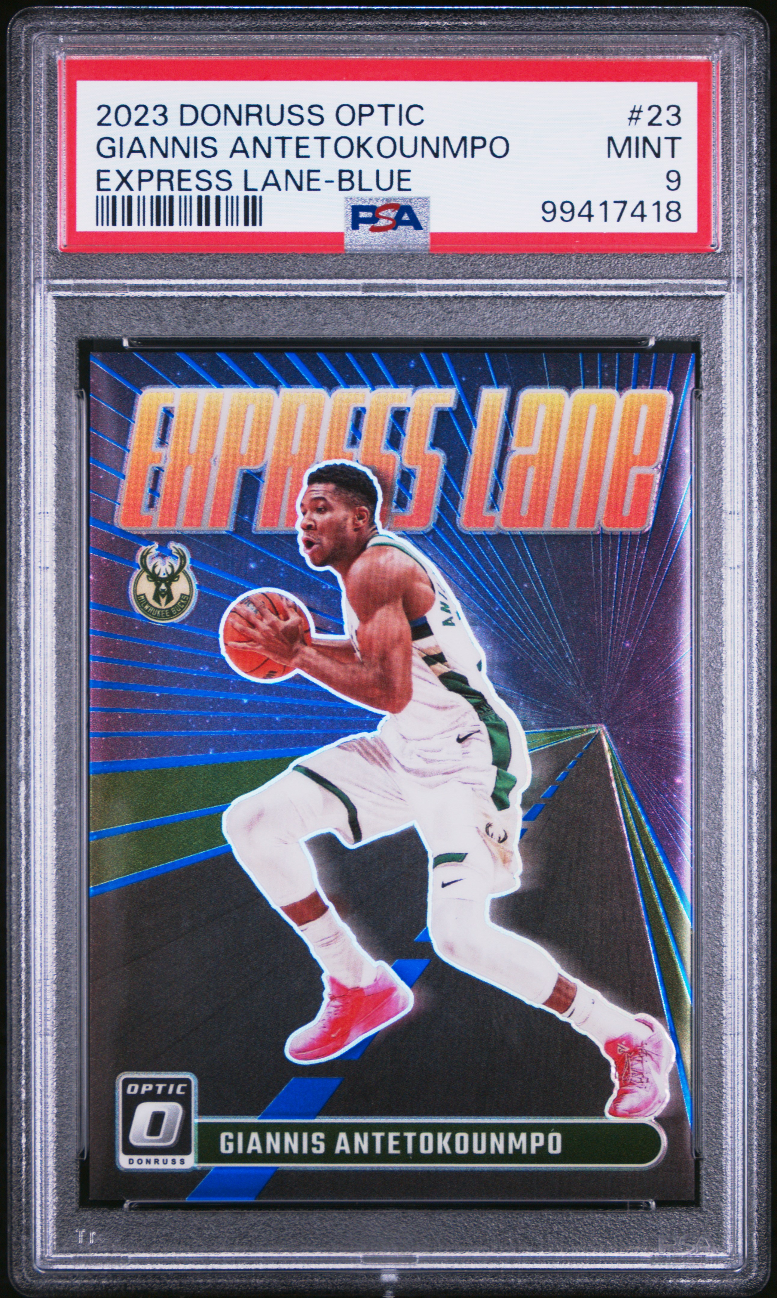 2023 Panini Donruss Optic Express Lane Giannis Antetokounmpo #23 (Express Lane-Blue) Mint 9 front