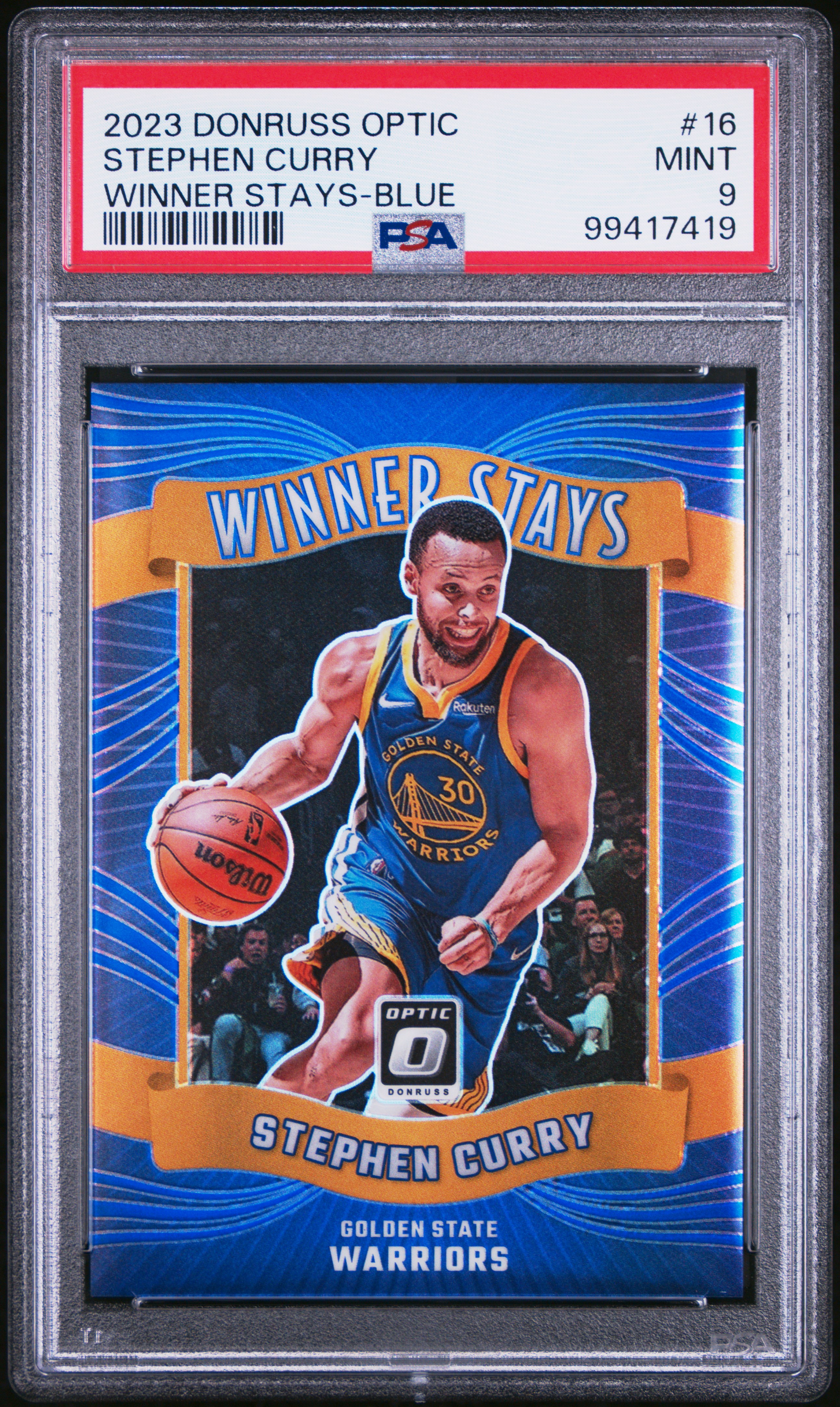 2023 Panini Donruss Optic Winner Stays Stephen Curry #16 (Winner Stays-Blue) Mint 9 front