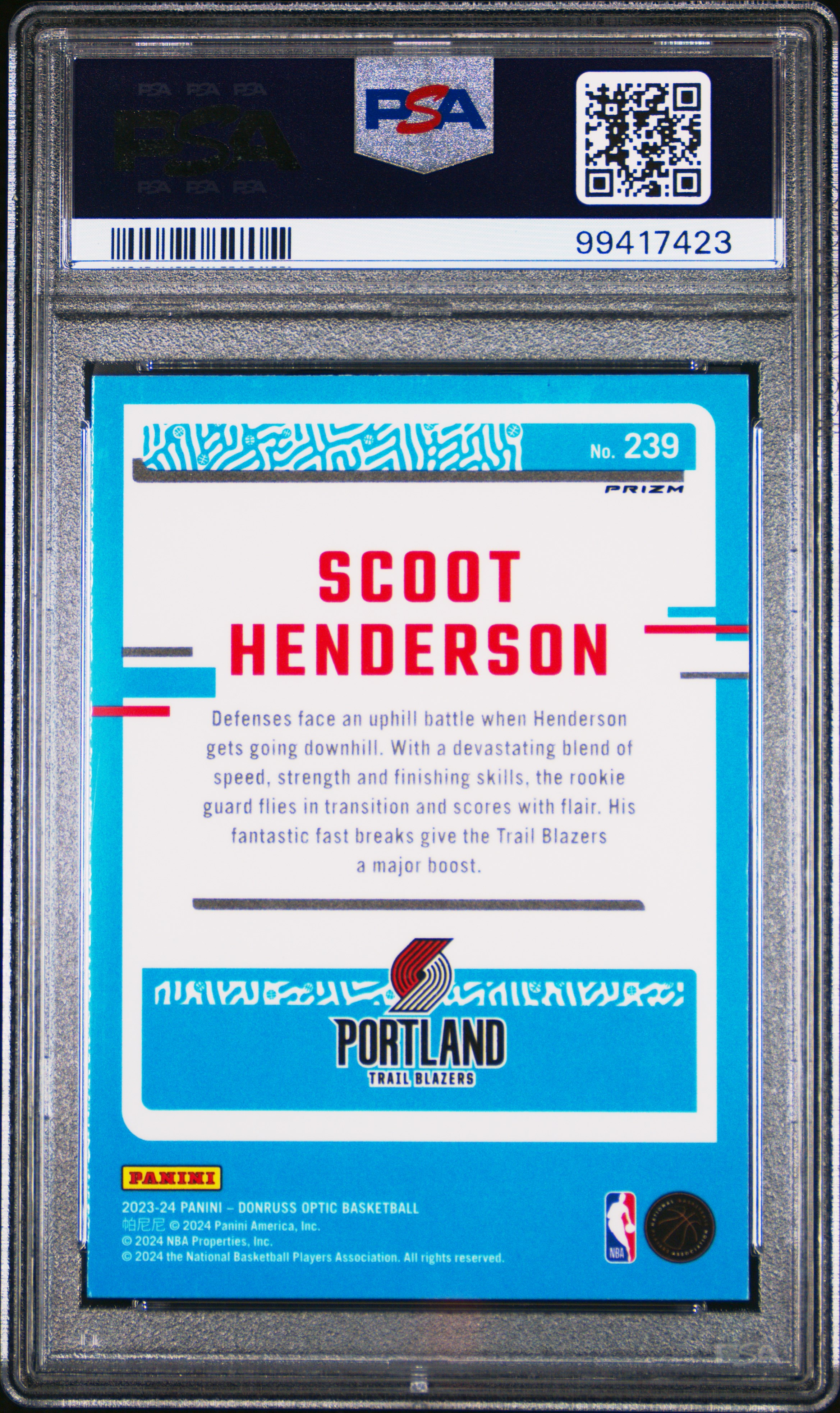 2023 Panini Donruss Optic Scoot Henderson #239 (Hyper Pink) Gem Mt 10 back