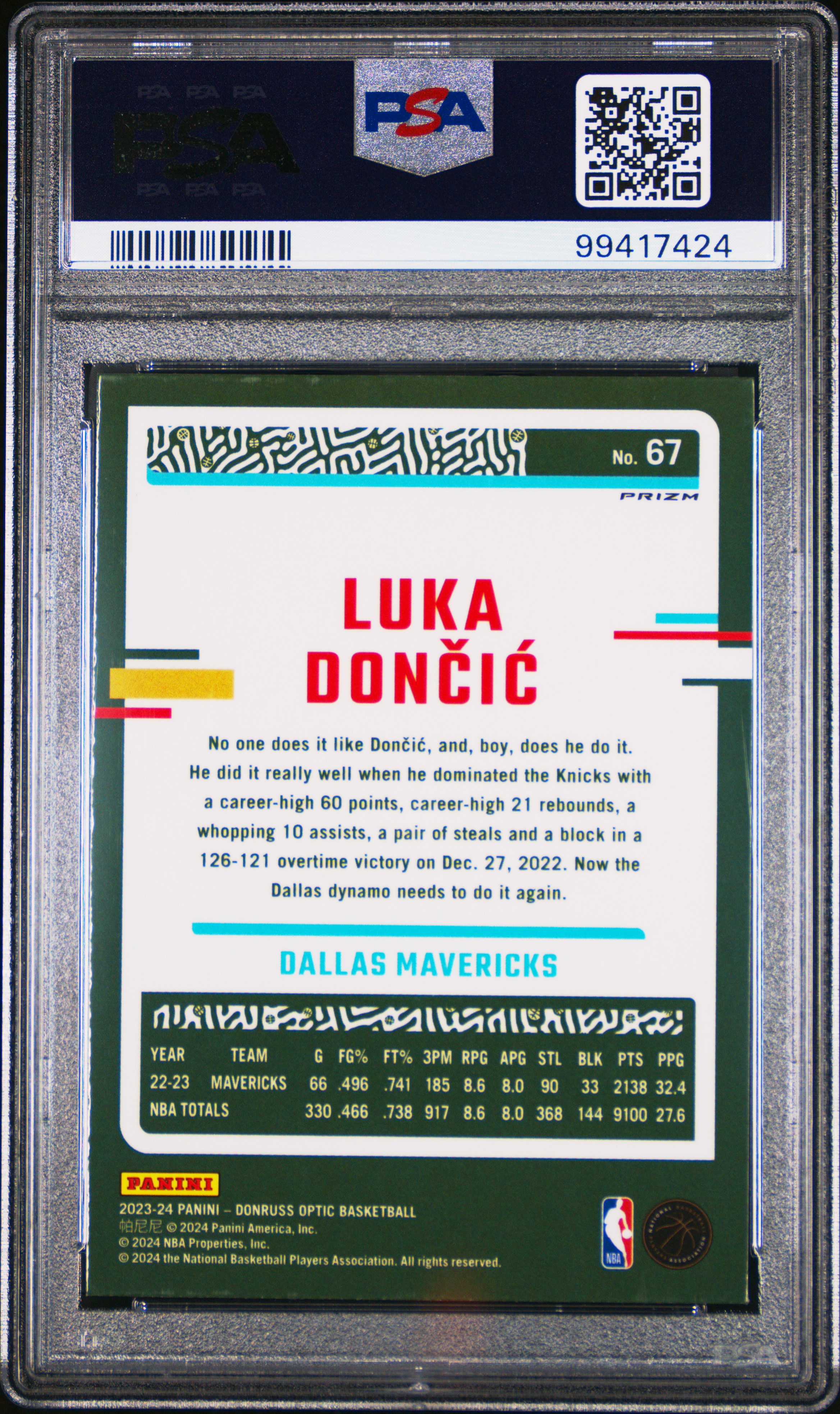 2023 Panini Donruss Optic Luka Doncic #67 (Hyper Pink) Mint 9 back