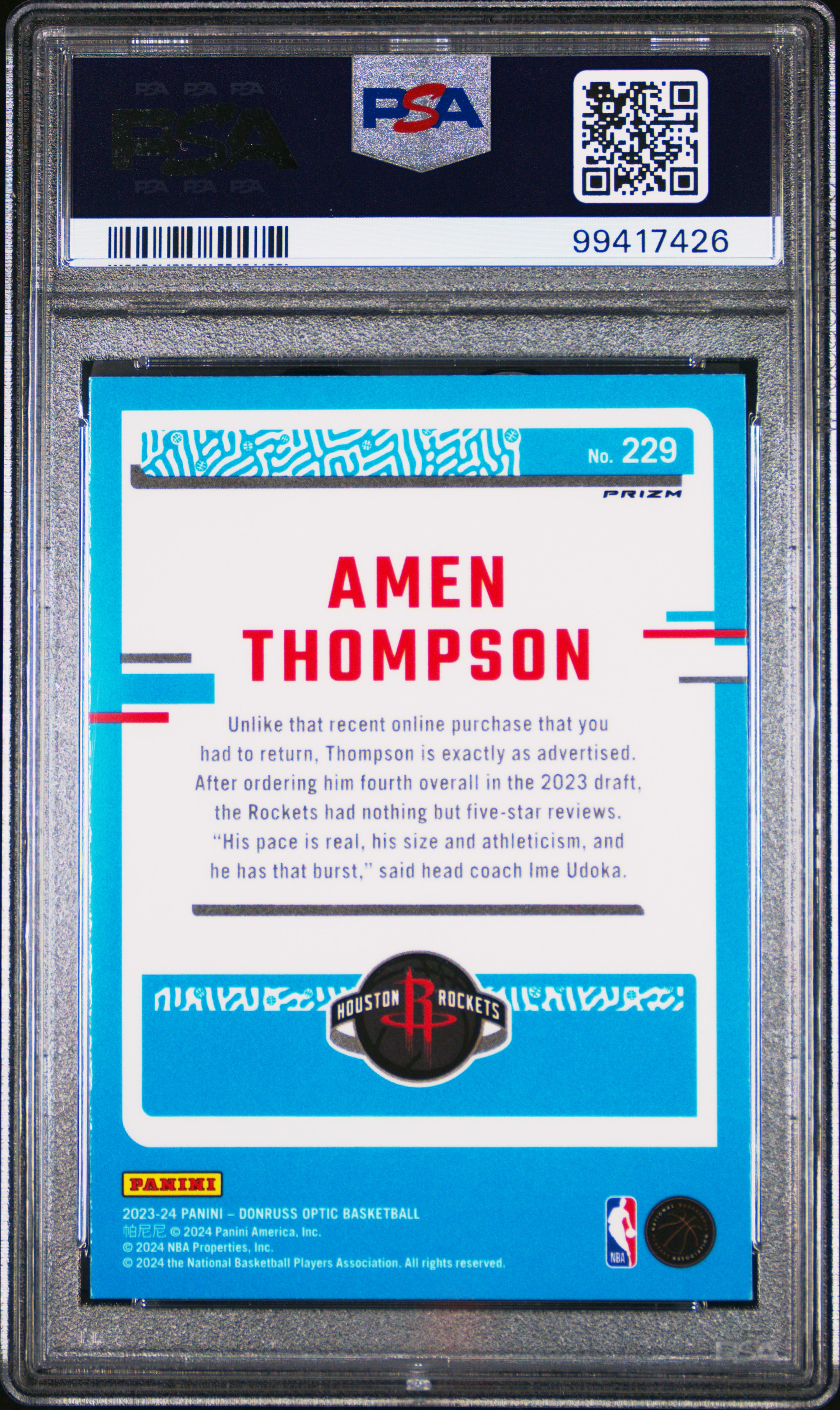 2023 Panini Donruss Optic Amen Thompson #229 (Hyper Pink) Mint 9 back