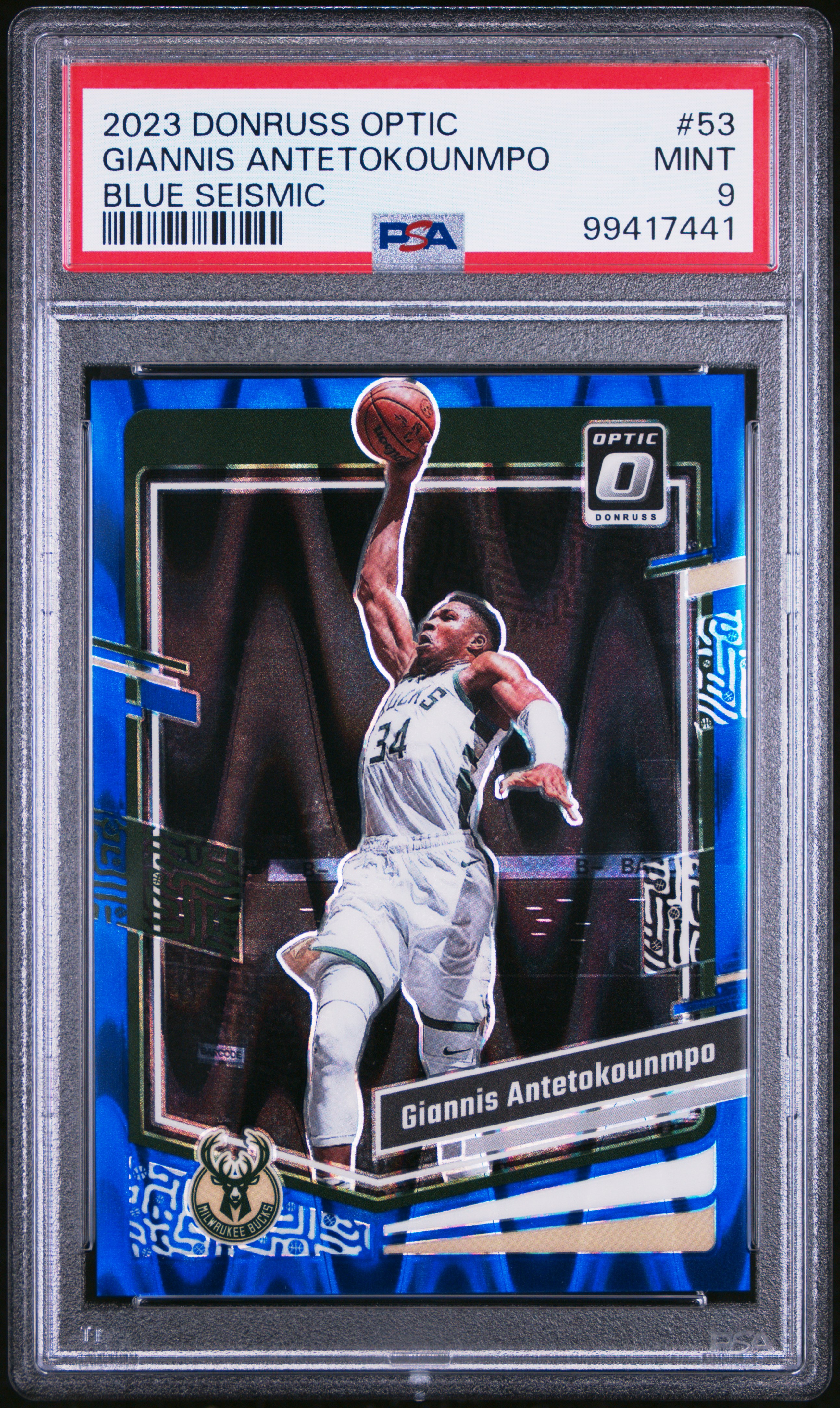 2023 Panini Donruss Optic Giannis Antetokounmpo #53 (Blue Seismic) Mint 9 front