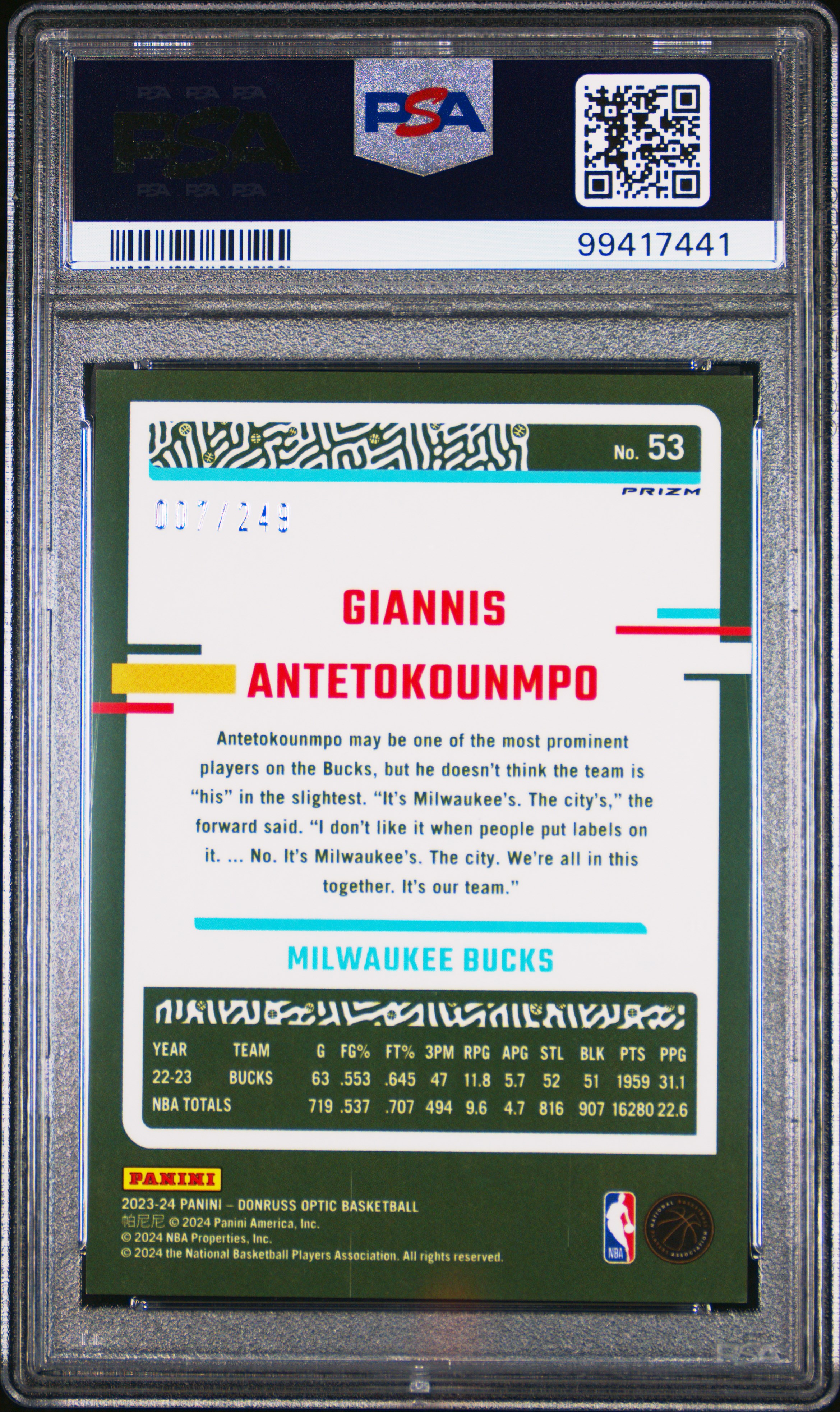 2023 Panini Donruss Optic Giannis Antetokounmpo #53 (Blue Seismic) Mint 9 back