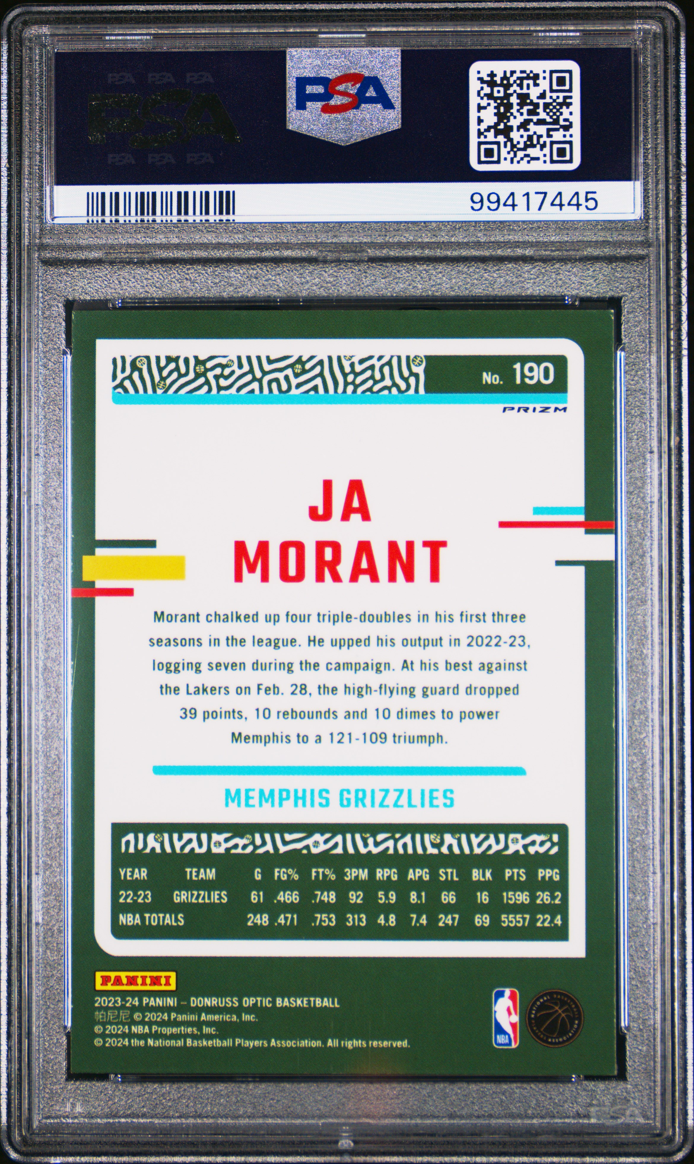 2023 Panini Donruss Optic Ja Morant #190 (Checkerboard) Nm-Mt 8 back