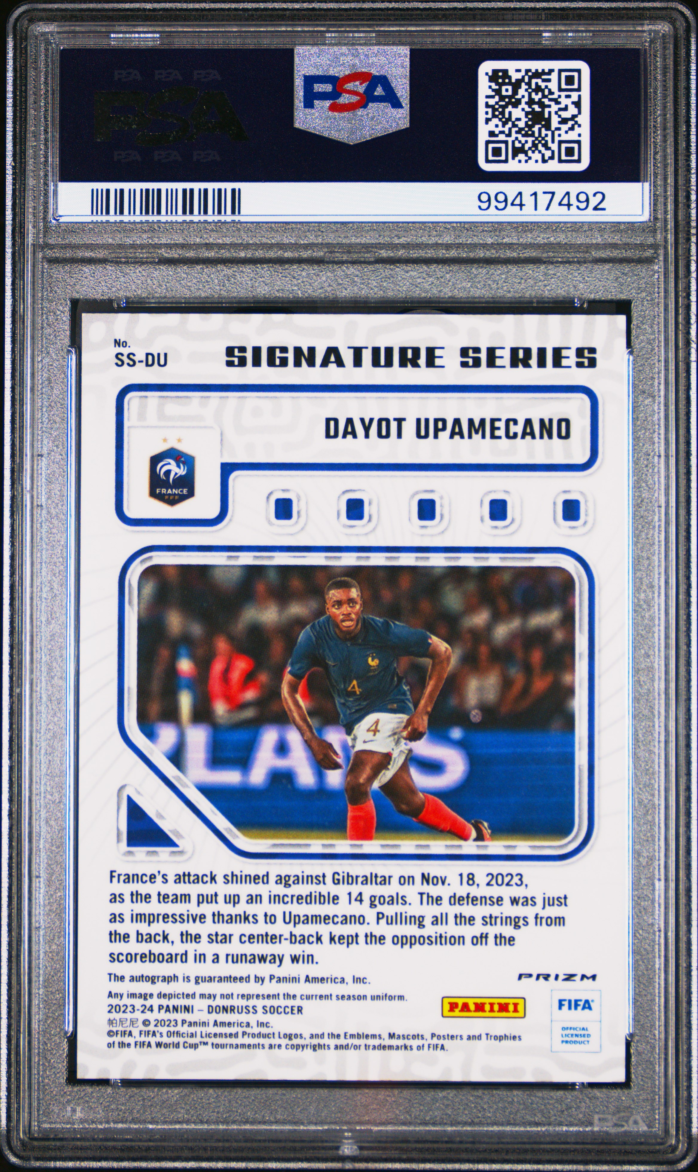 2023-24 Panini Donruss Fifa Signature Series Autographs Dayot Upamecano #Ssdu (Sig Series Au-Pink Velocity) Mint 9 back