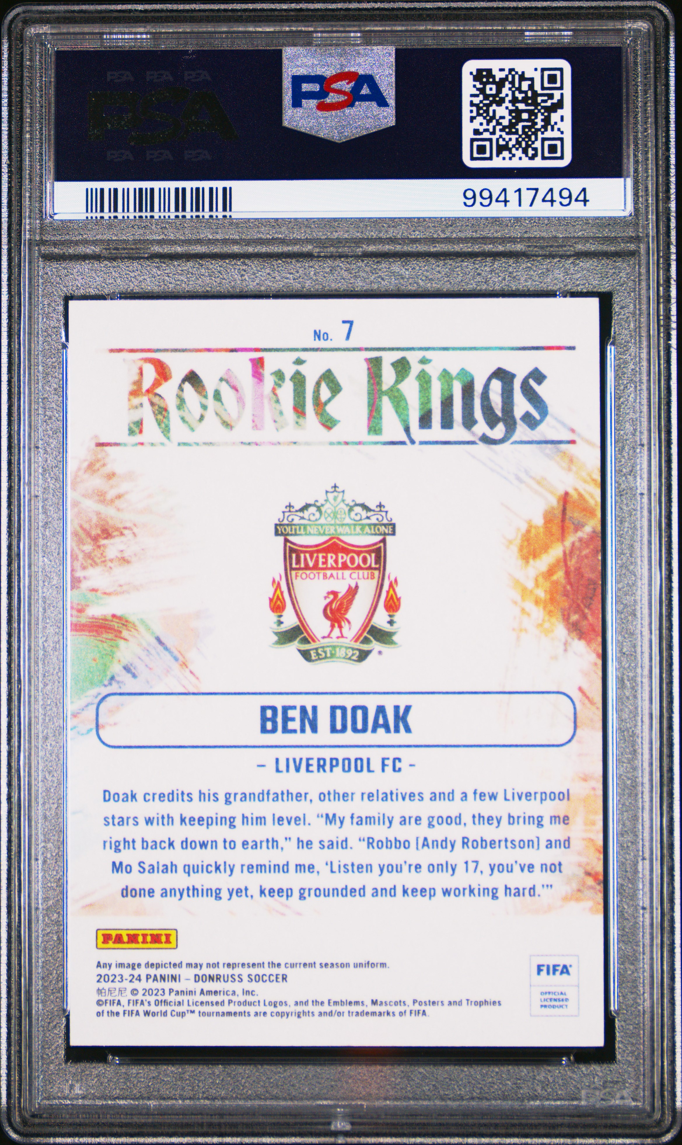 2023-24 Panini Donruss Fifa Rookie Kings Ben Doak #7 (Rookie Kings-Pink) Gem Mt 10 back