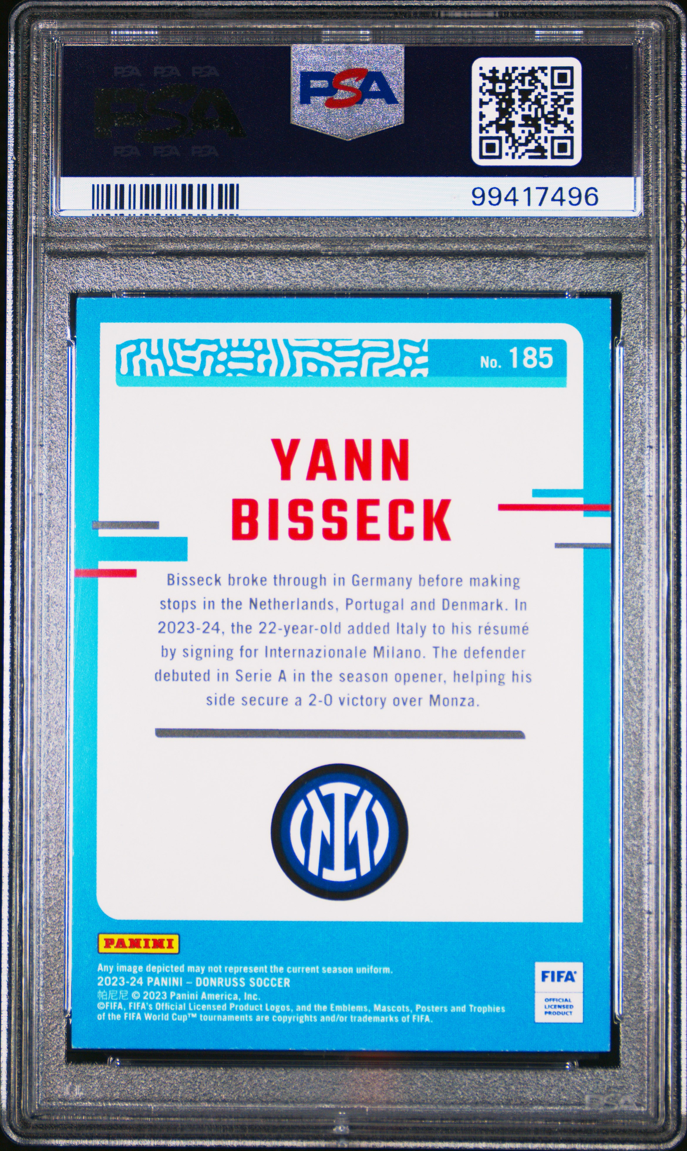 2023-24 Panini Donruss Fifa Yann Bisseck #185 (Pink Cubic) Mint 9 back