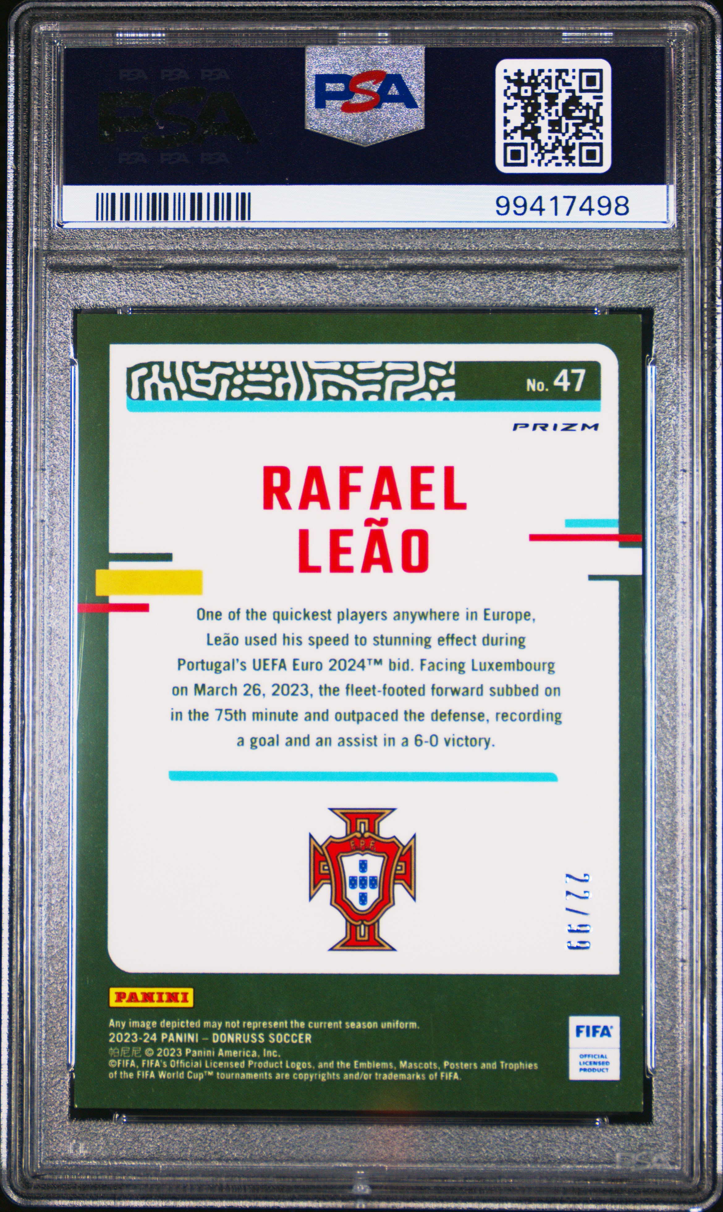 2023-24 Panini Donruss Fifa Rafael Leao #47 (Optic-Pink Velocity) Gem Mt 10 back