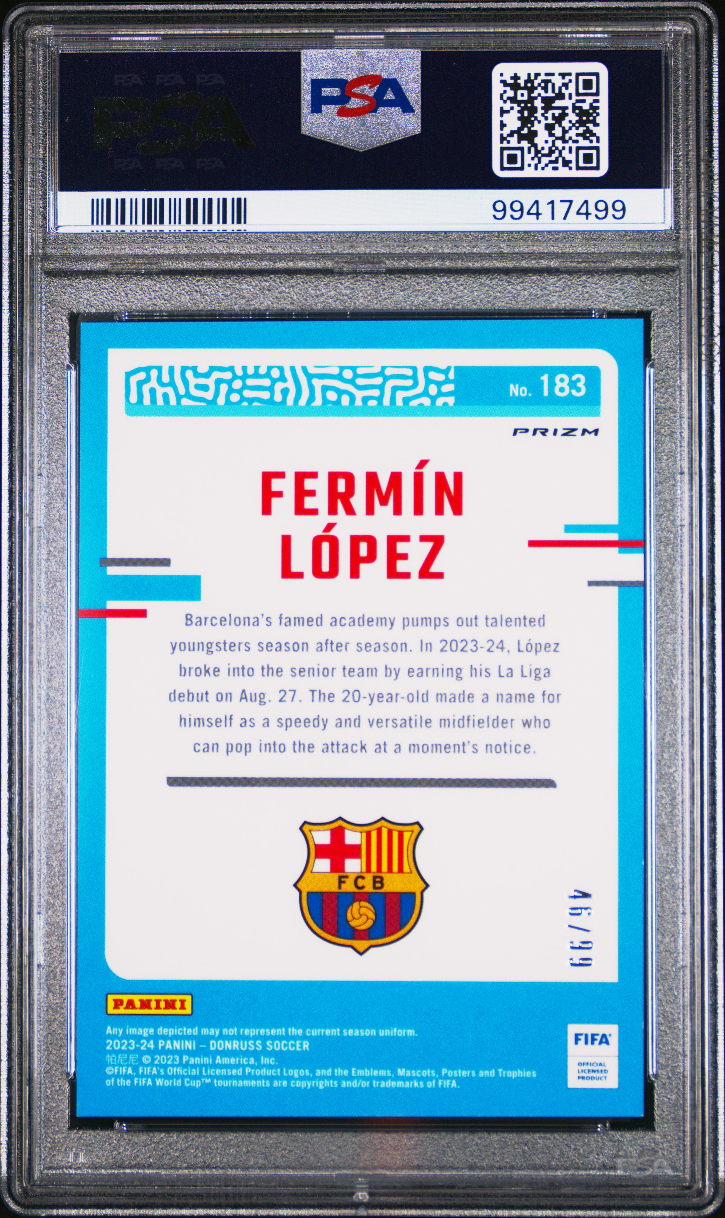 2023-24 Panini Donruss Fifa Fermin Lopez #183 (Optic-Pink Velocity) Gem Mt 10 back