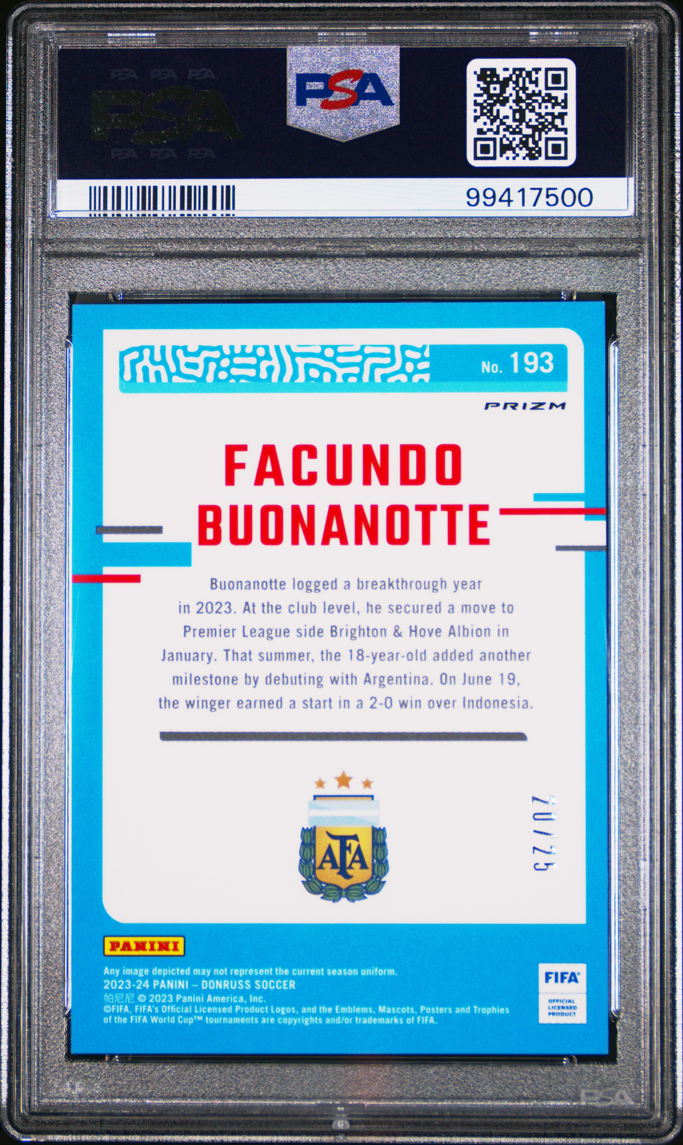 2023-24 Panini Donruss Fifa Facundo Buonanotte #193 (Optic-Pink Ice) Mint 9 back
