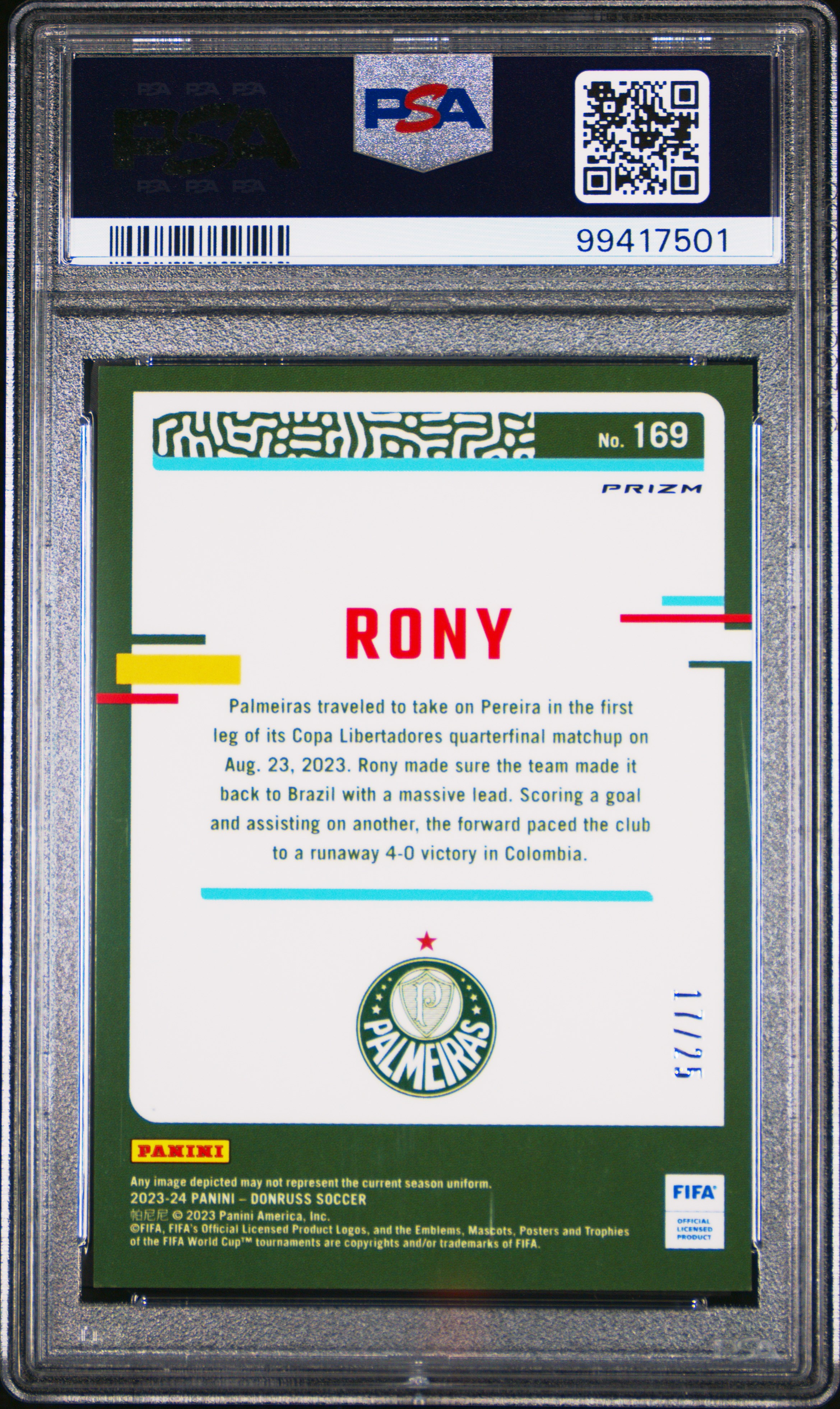 2023-24 Panini Donruss Fifa Rony #169 (Optic-Pink Ice) Mint 9 back