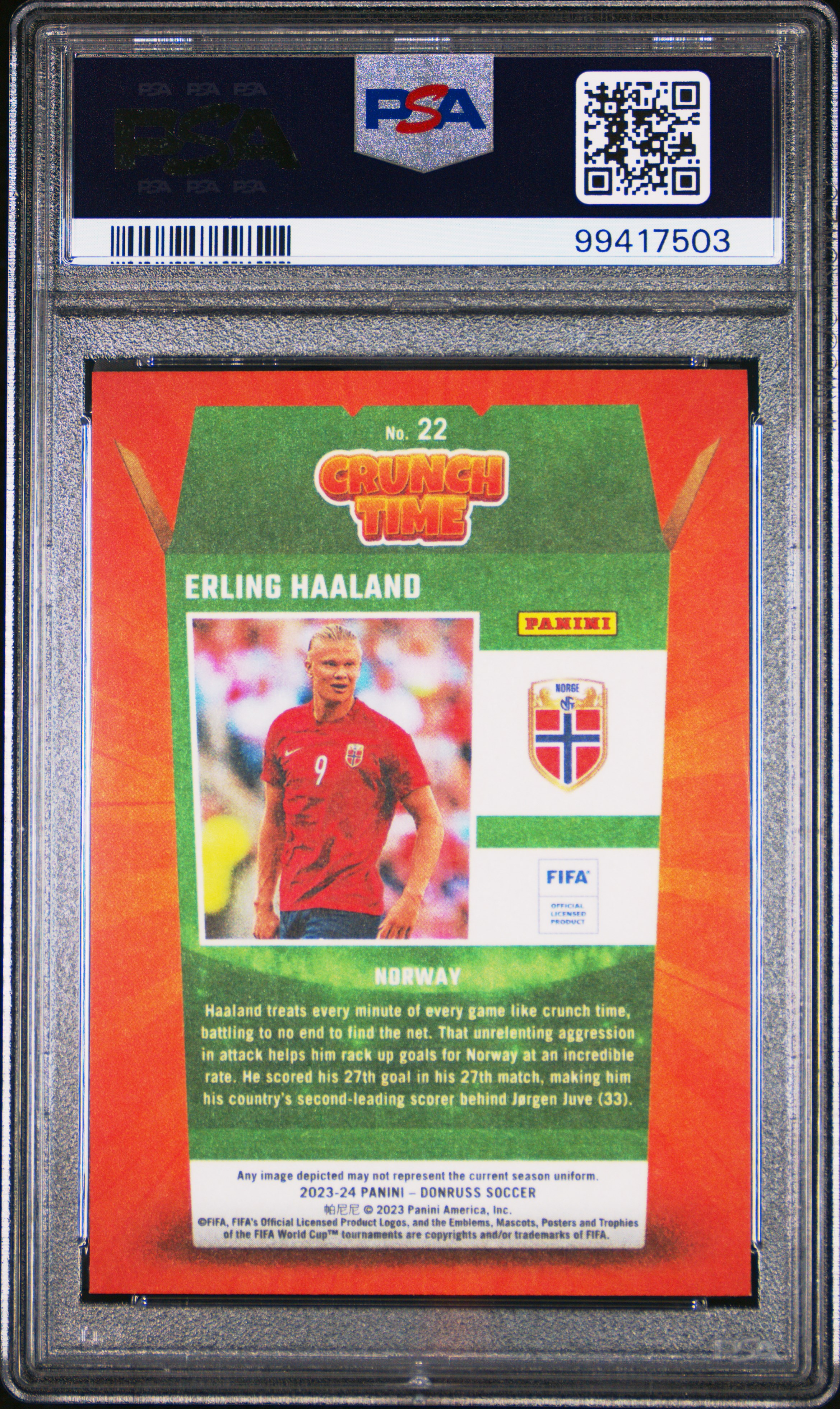 2023-24 Panini Donruss Fifa Crunch Time Erling Haaland #22 (Crunch Time-Red) Mint 9 back