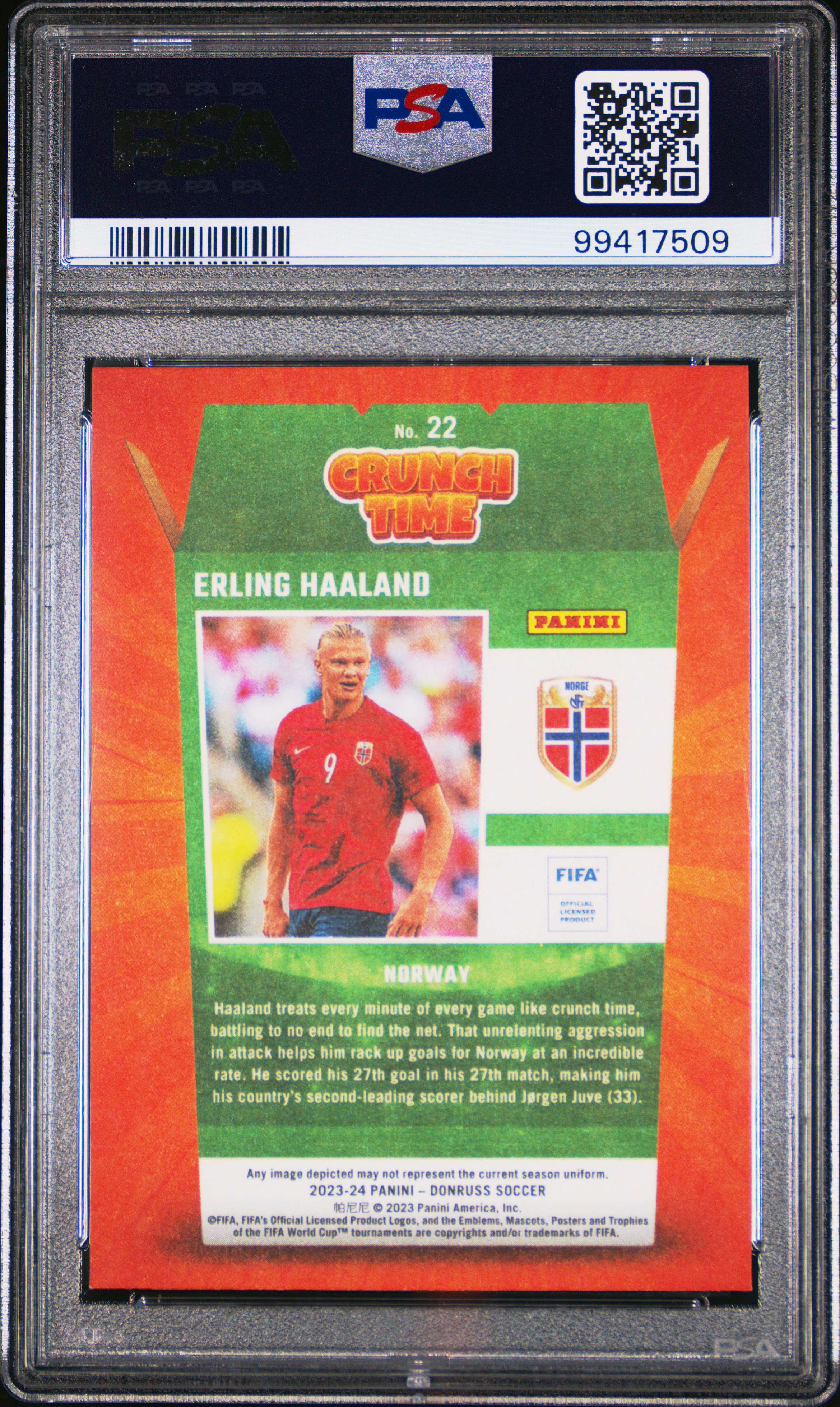 2023-24 Panini Donruss Fifa Crunch Time Erling Haaland #22 Gem Mt 10 back
