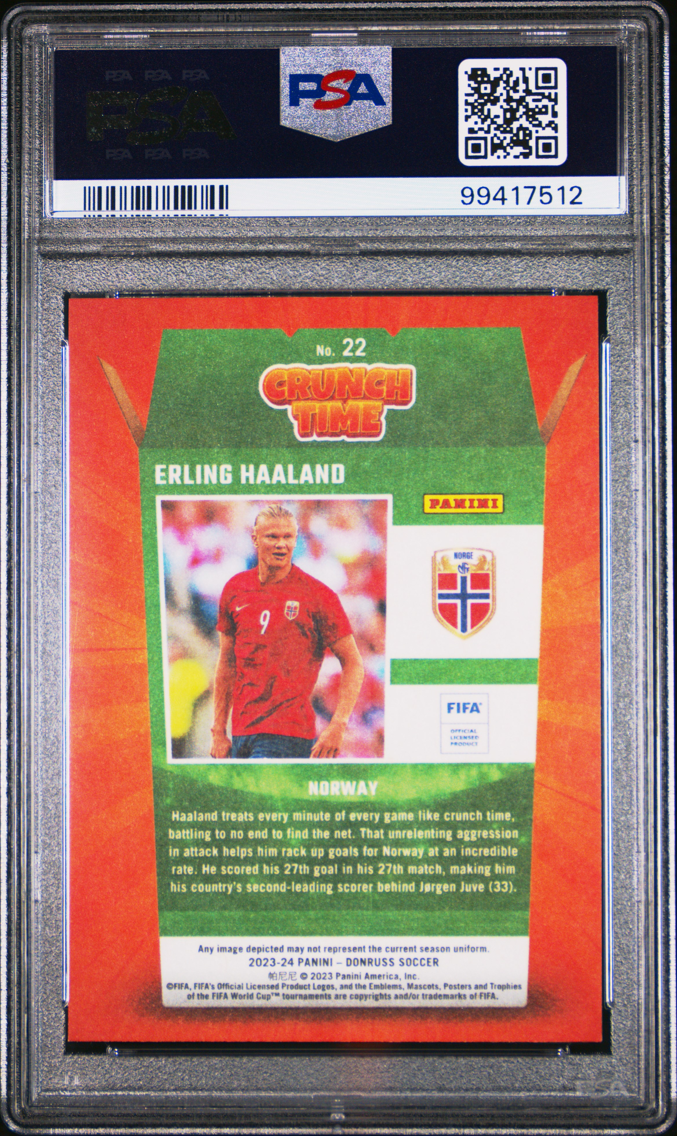 2023-24 Panini Donruss Fifa Crunch Time Erling Haaland #22 Mint 9 back