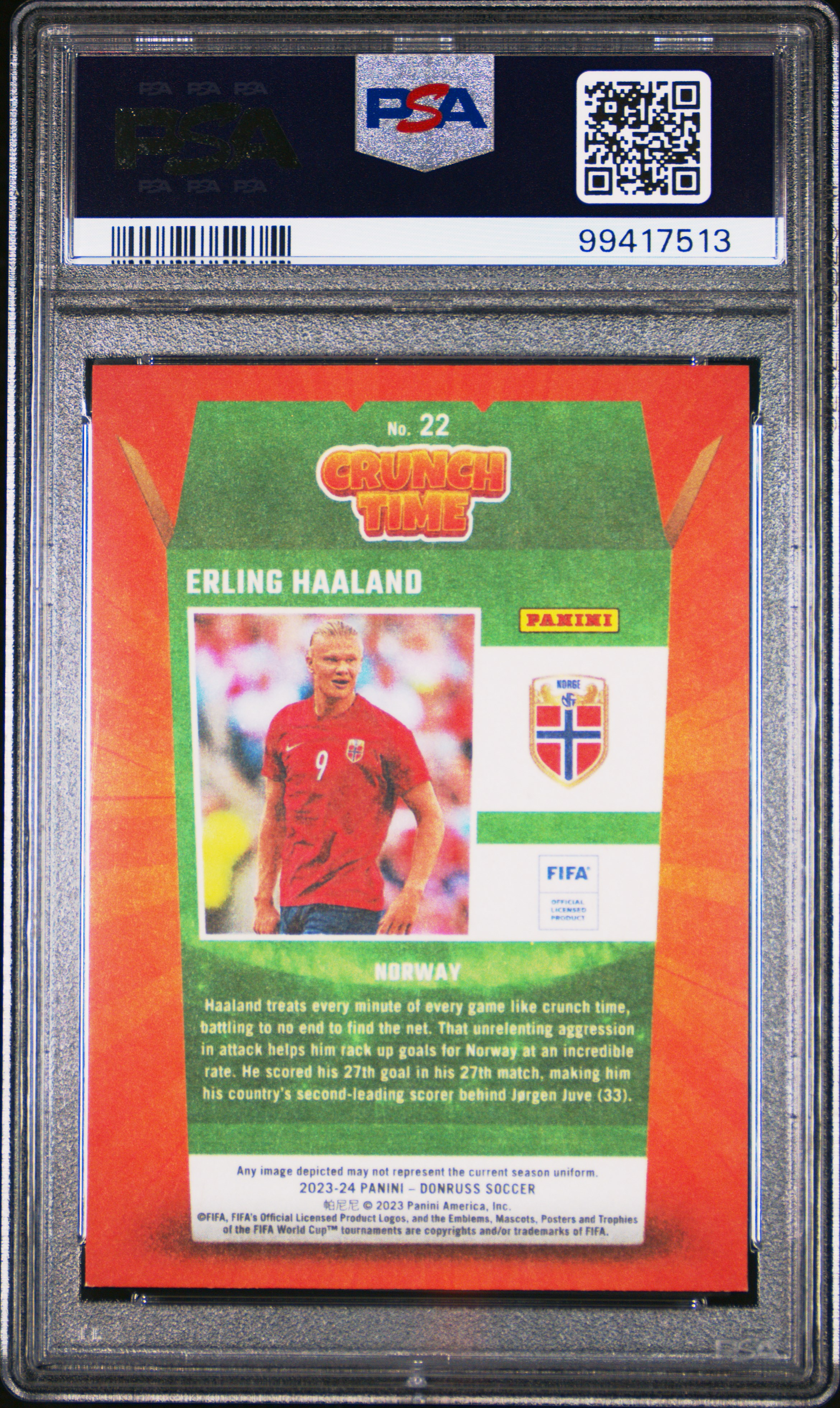2023-24 Panini Donruss Fifa Crunch Time Erling Haaland #22 Mint 9 back